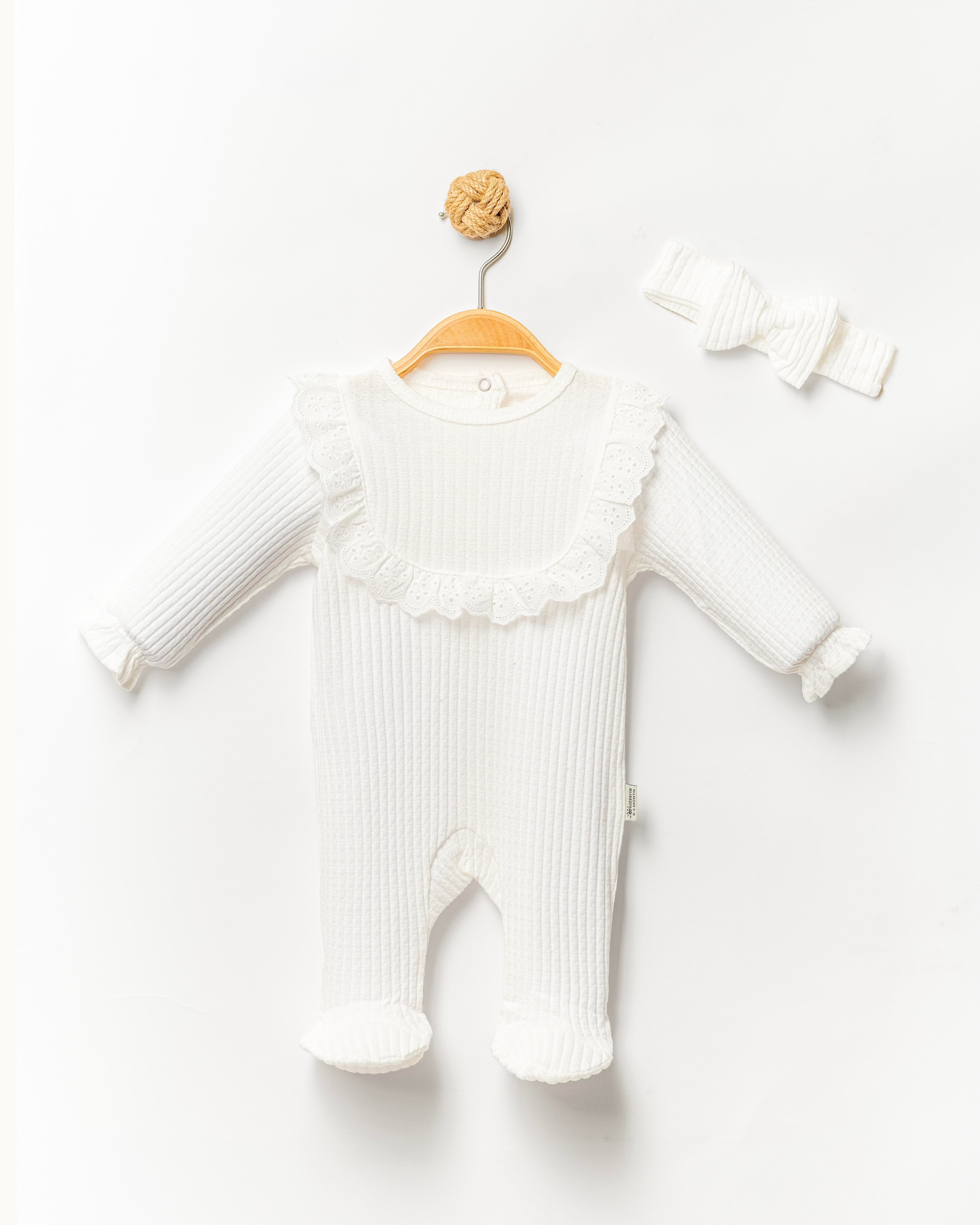 KİDSERİA JAKAR KUMAŞ FİSTO DETAYLI KIZ BEBEK TULUM