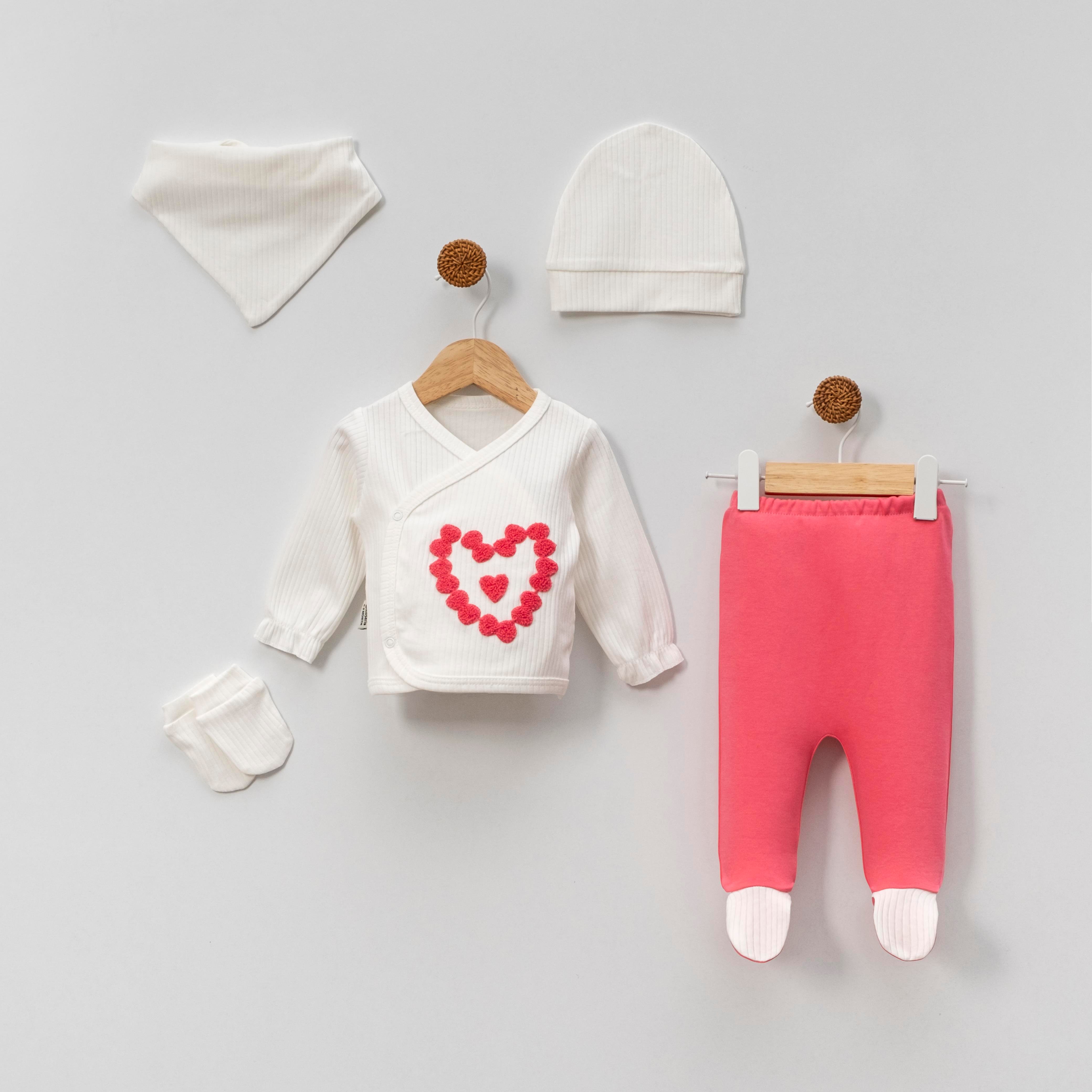 KİDSERİA KALP DETAYLI KIZ BEBEK 5 Lİ SET 0-3 AY