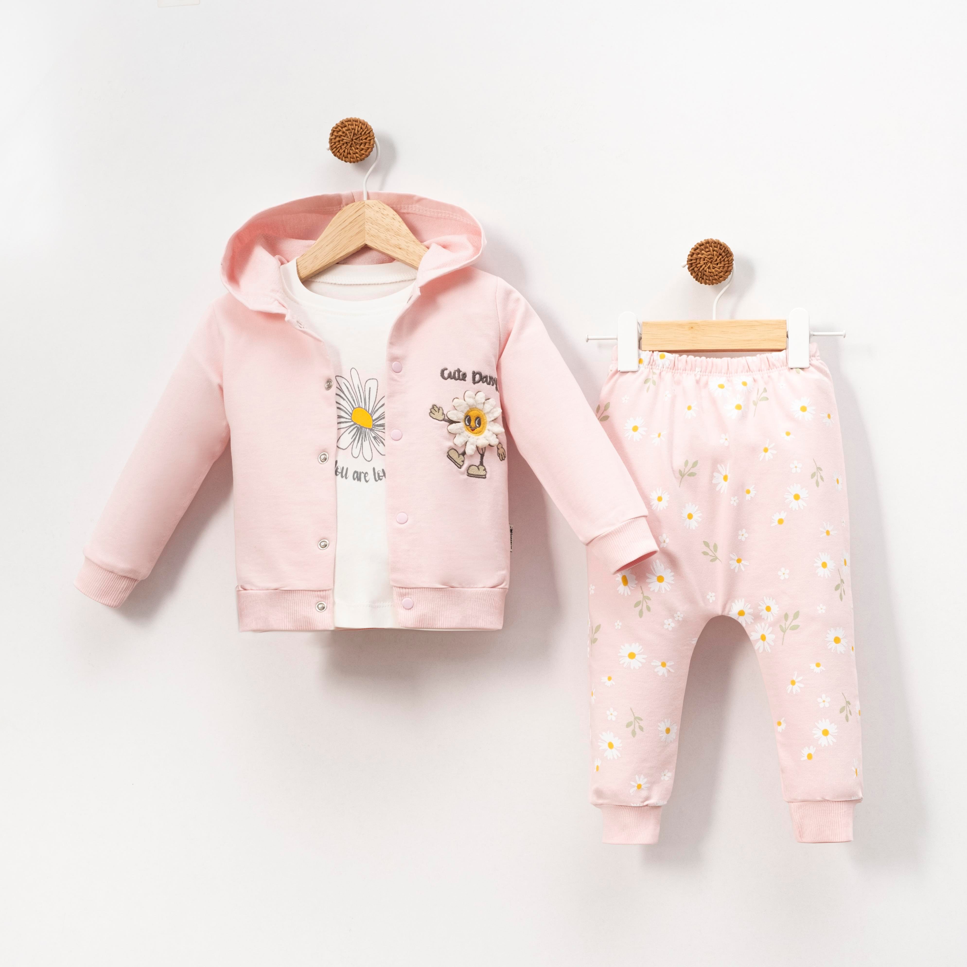 KİDSERİA PAPATYA BASKILI KAPÜŞONLU  KIZ BEBEK 3 LÜ TAKI