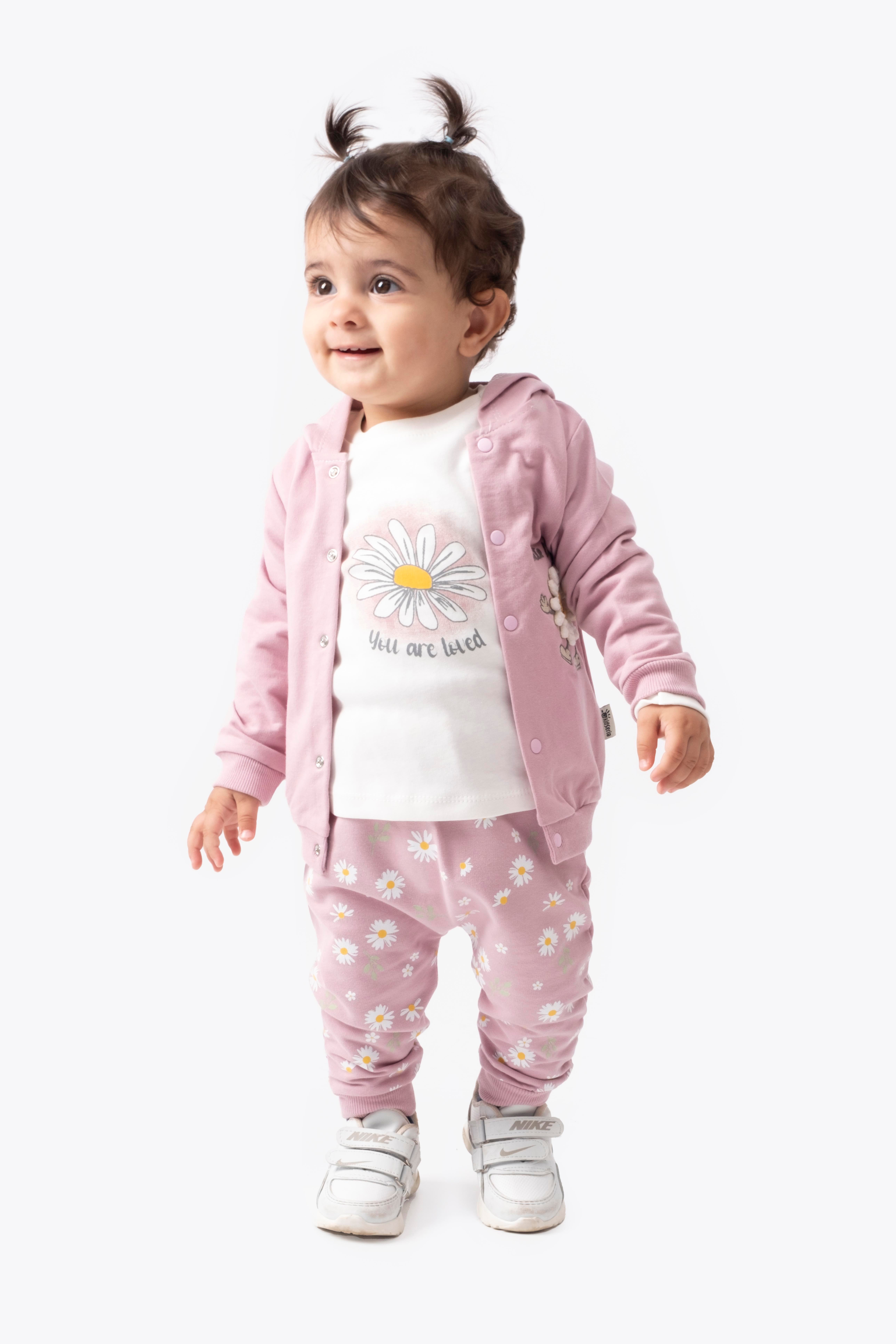 KİDSERİA PAPATYA BASKILI KAPÜŞONLU  KIZ BEBEK 3 LÜ TAKI