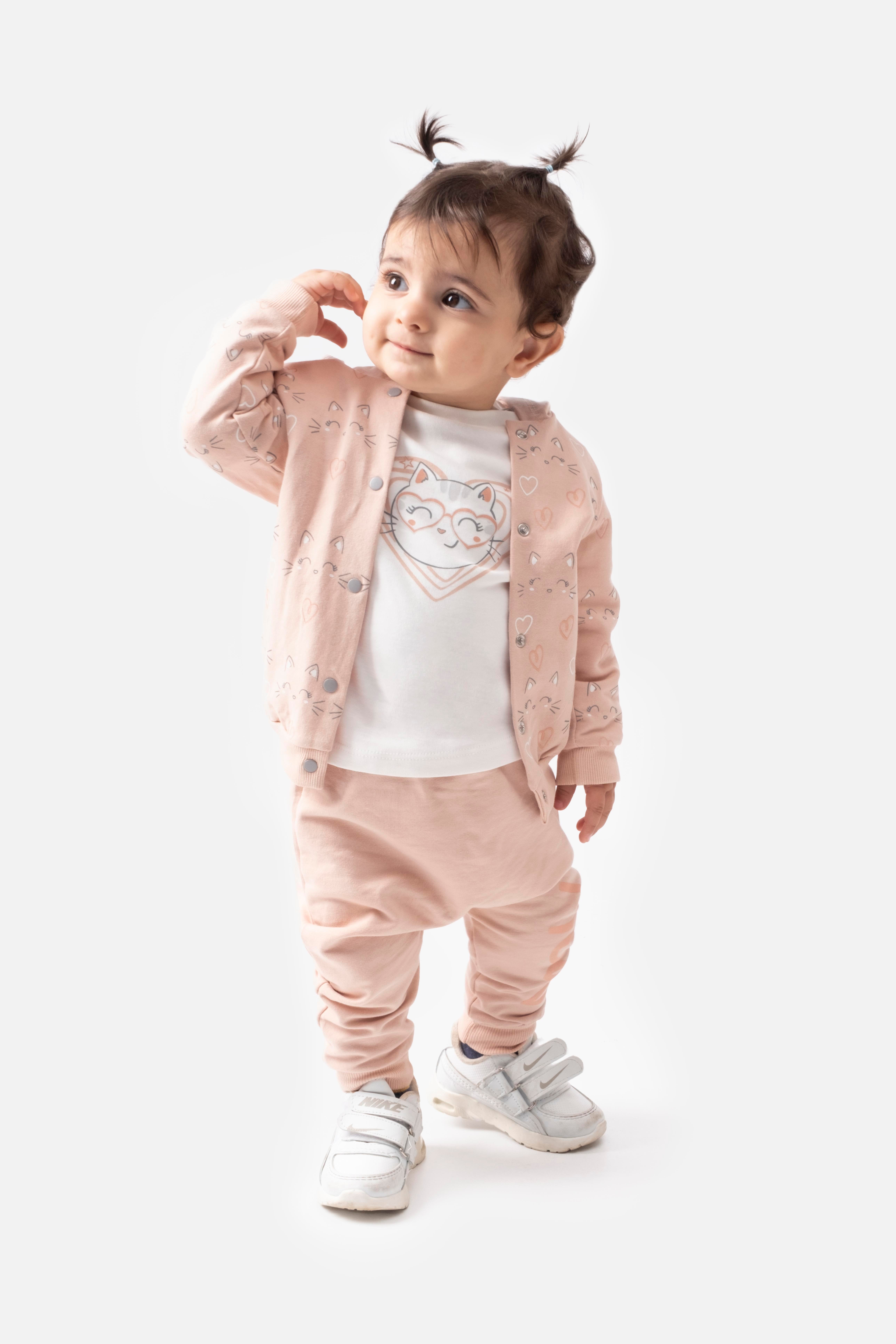 KİSDSERİA KEDİ BASKILI KAPÜŞONLU  KIZ BEBEK 3 LÜ TAKIM
