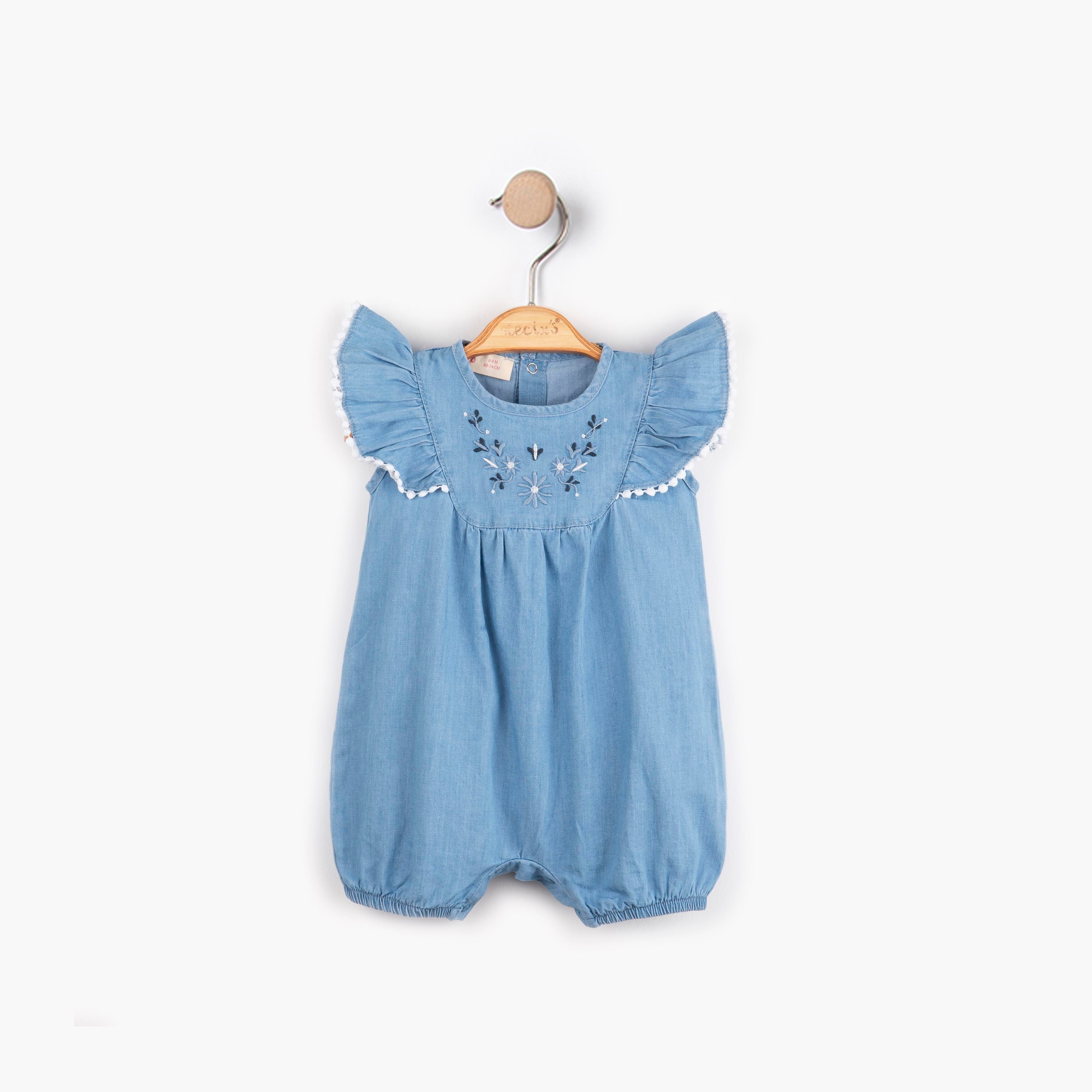 Kolları Fırfırlı Kız Bebek Kot Tulum