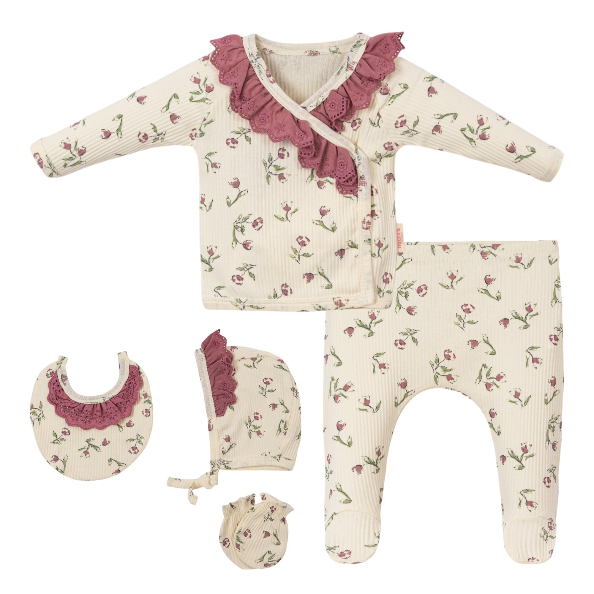 Lale Baskılı Kız Bebek Hastane Çıkışı Beşli Set