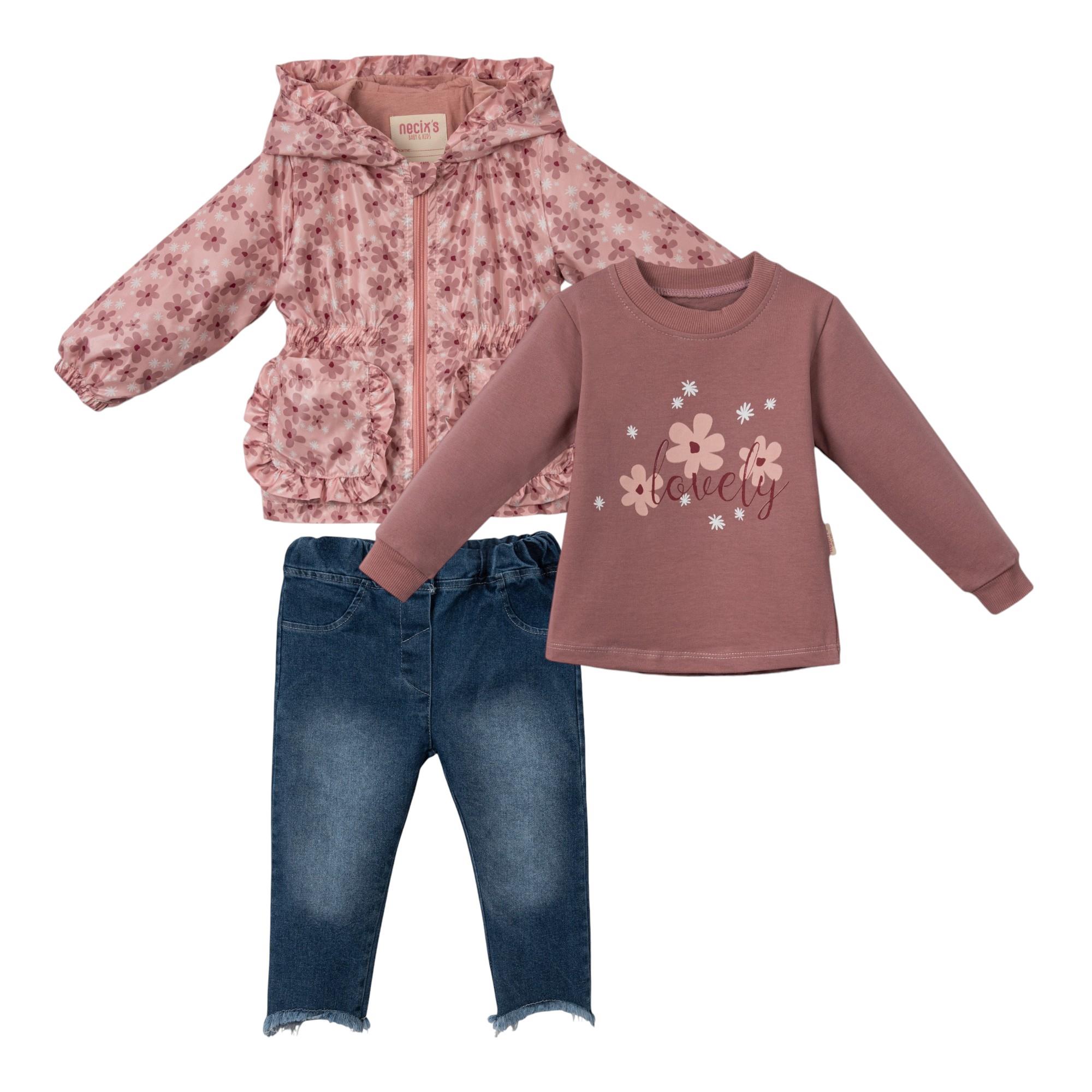 Lovely Çiçek Desenli Yağmurluk Kız Bebek Üçlü Takım