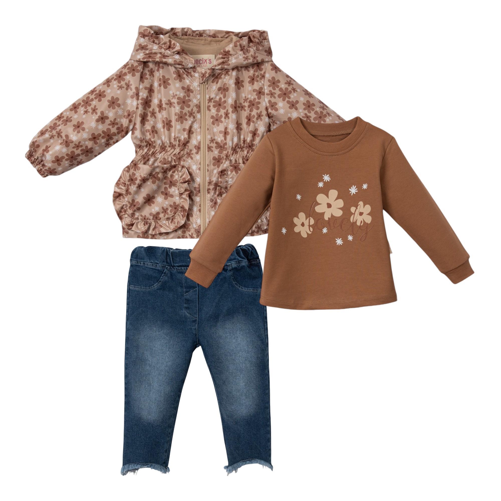 Lovely Çiçek Desenli Yağmurluk Kız Bebek Üçlü Takım