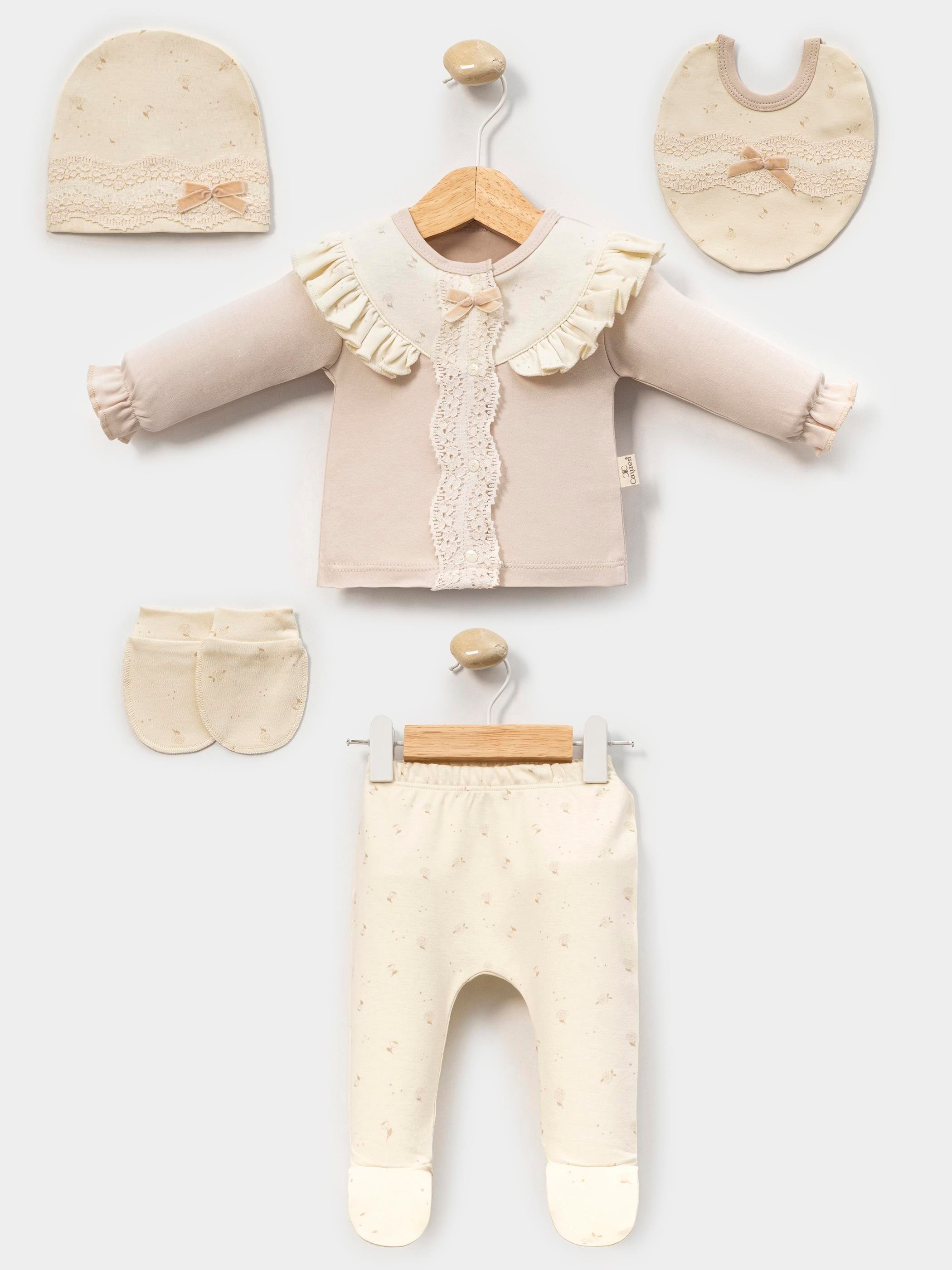 MİNİ CAYZEN ÇITIR ÇİÇEKLİ KIZ BEBEK 5 Lİ HASTANE ÇIKIŞ SETİ