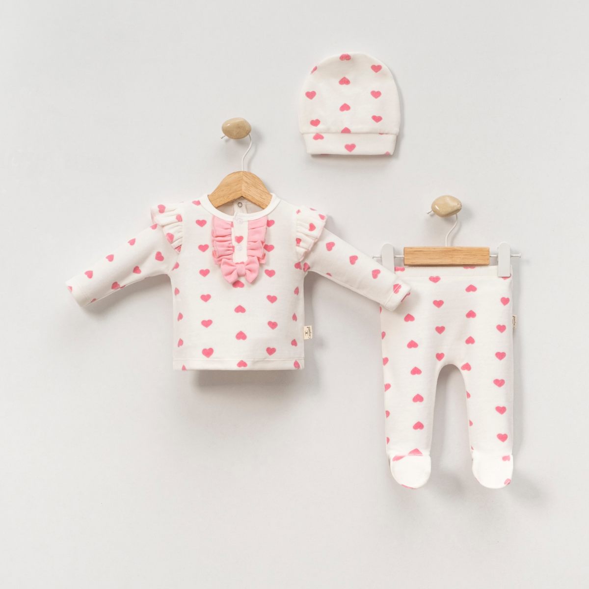 MİNİ CAYZEN KALP BASKILI  KIZ BEBEK  KADİFE 3 LÜ TAKIM