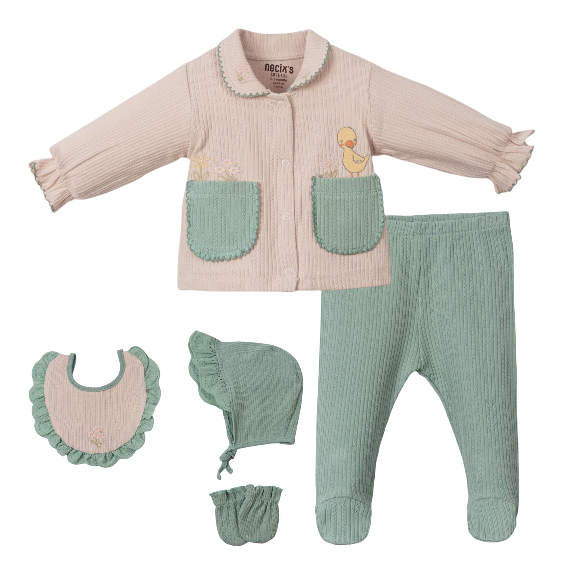 Mürver Ördek Baskılı Kız Bebek Hastane Çıkışı Beşli Set