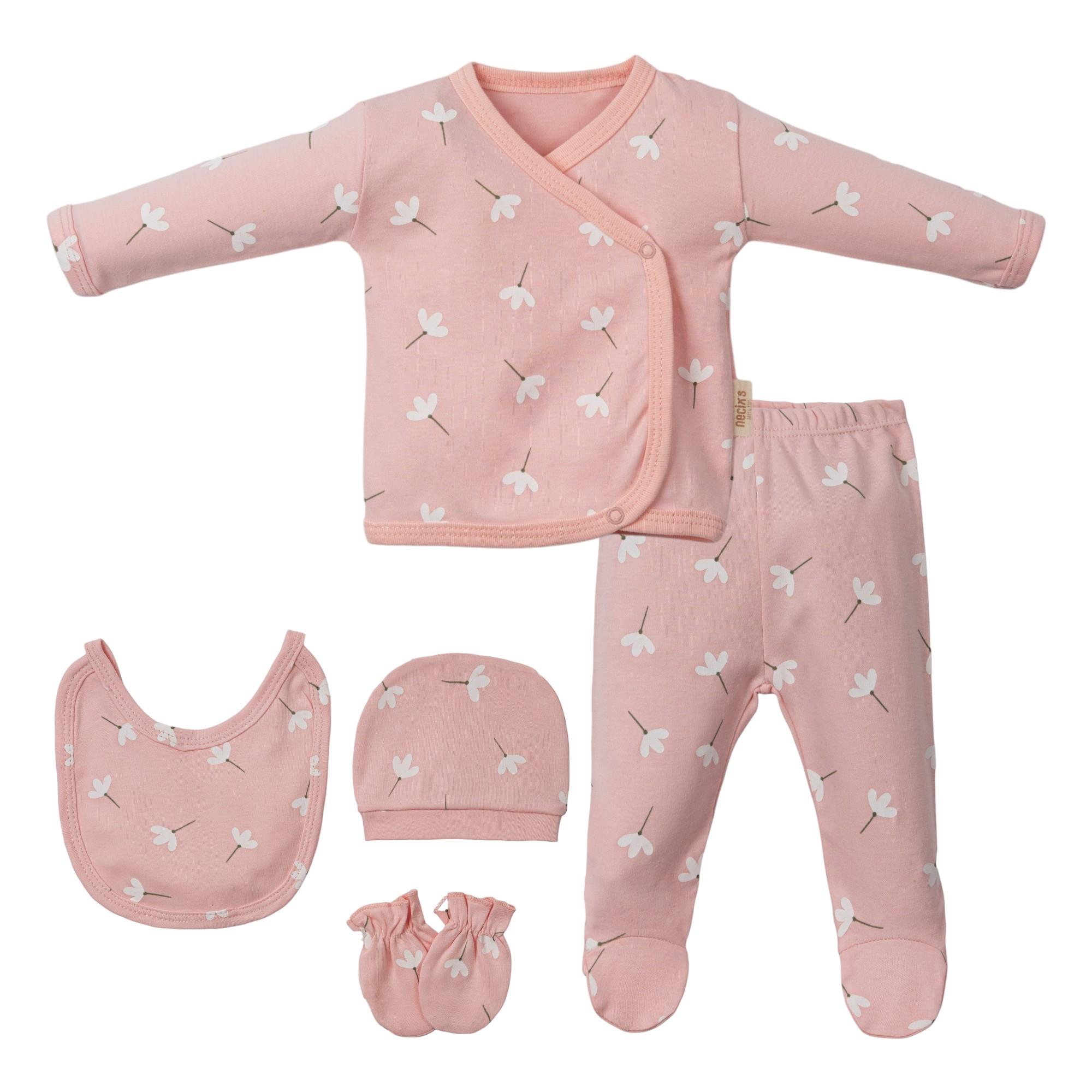 Necix's Çiçek Baskılı Kız Bebek Hastane Çıkışı Beşli Set