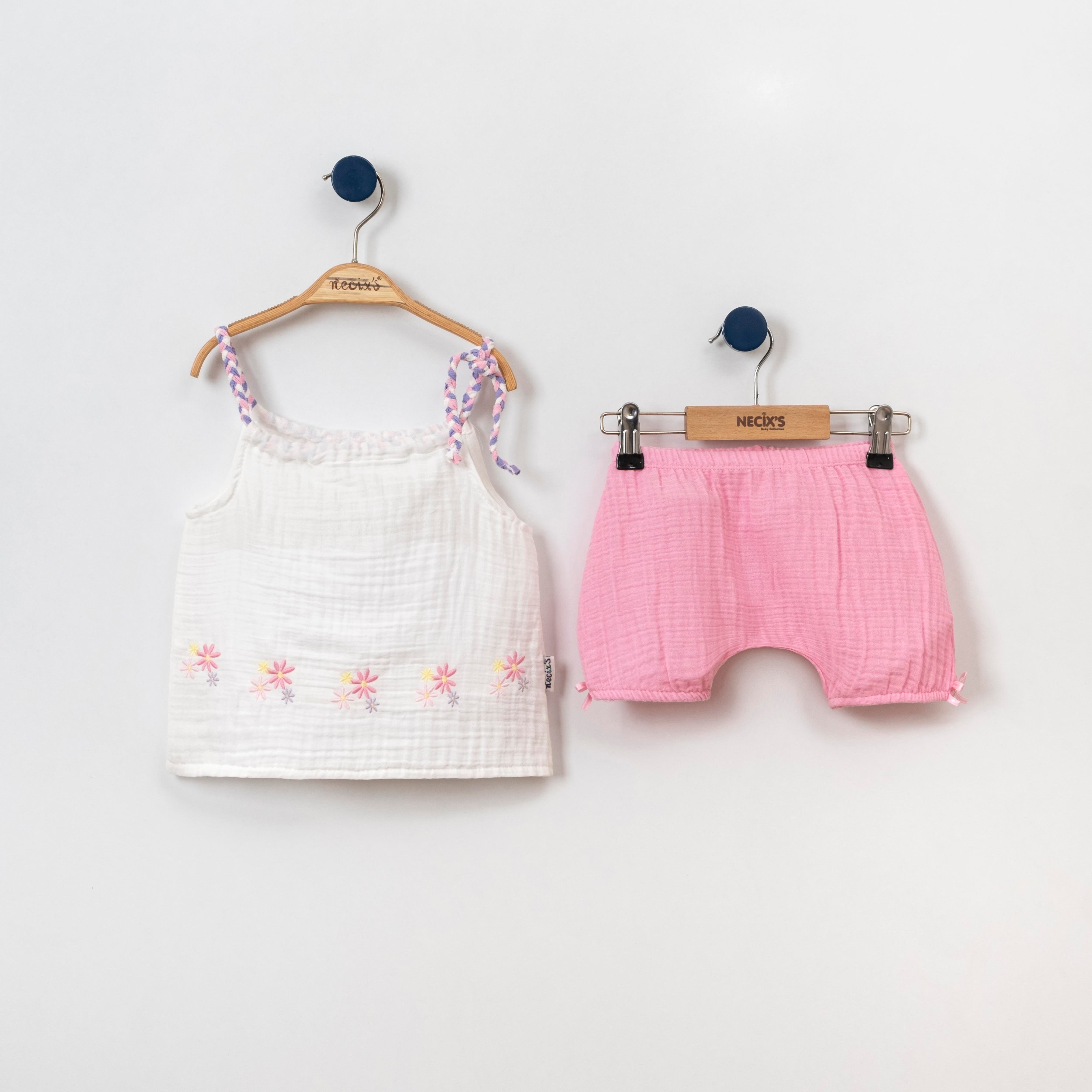 Necix's Eteği Çiçek Nakışlı Müslin Kız Bebek İkili Takım