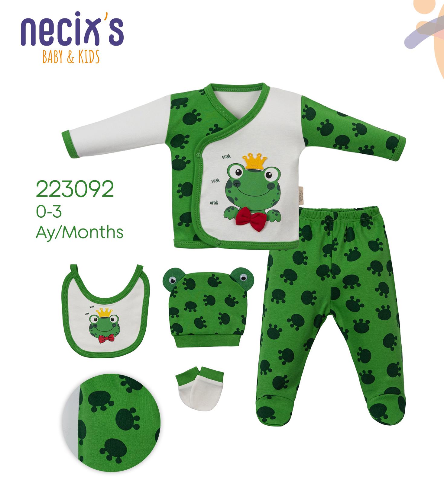 Necix's Kurbağa Desenli Erkek Bebek Hastane Çıkışı Beşli Set