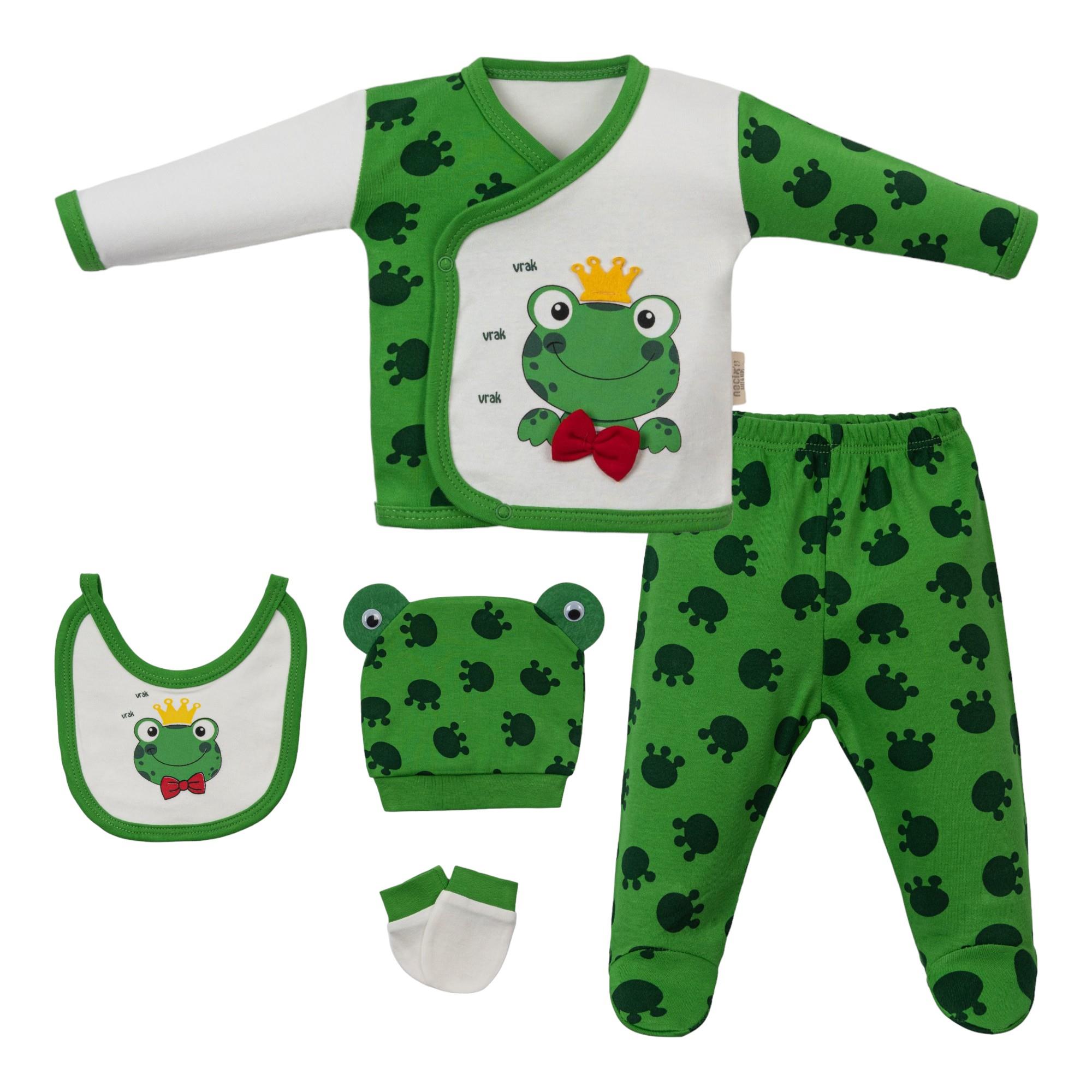 Necix's Kurbağa Desenli Erkek Bebek Hastane Çıkışı Beşli Set