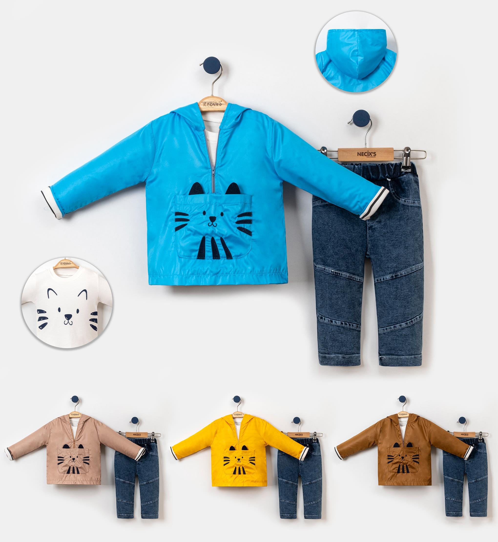 Necix's Meow Yağmurluk Erkek Bebek Üçlü Takım