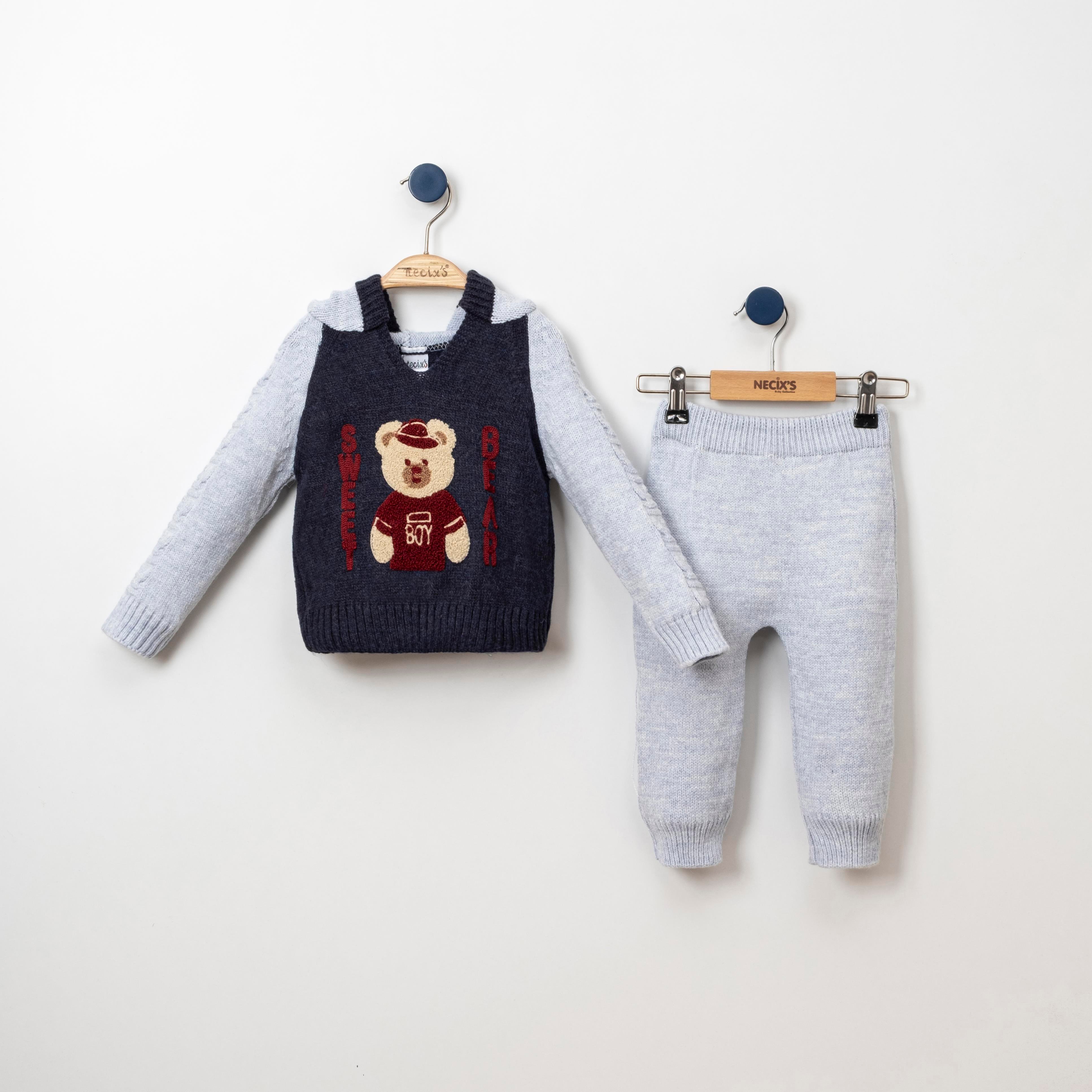 Necix's Sweet Bear Erkek Bebek Kapüşonlu Triko İkili Takım