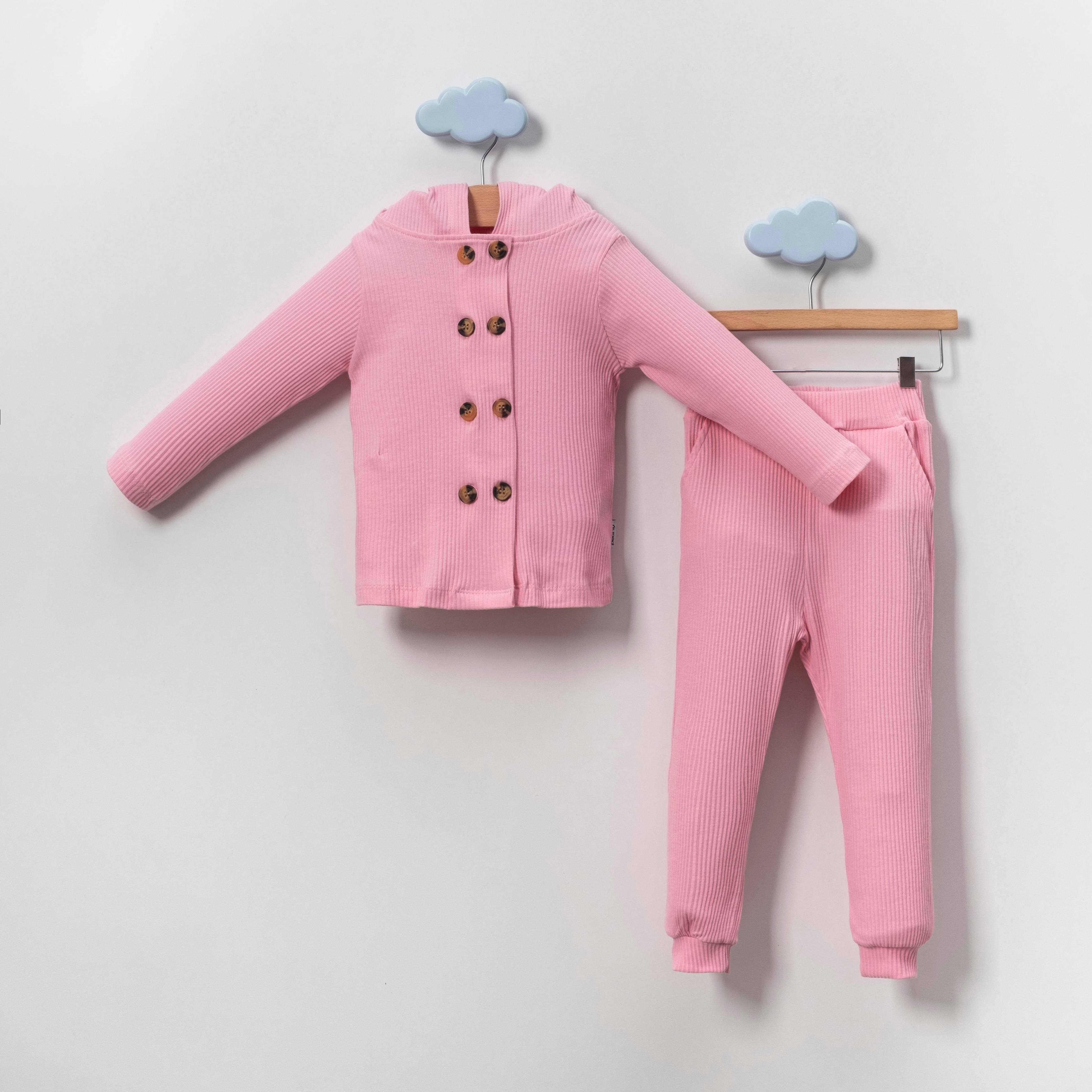 Pearly Düğmeli Kapüşonlu Kız Çocuk İkili Takım