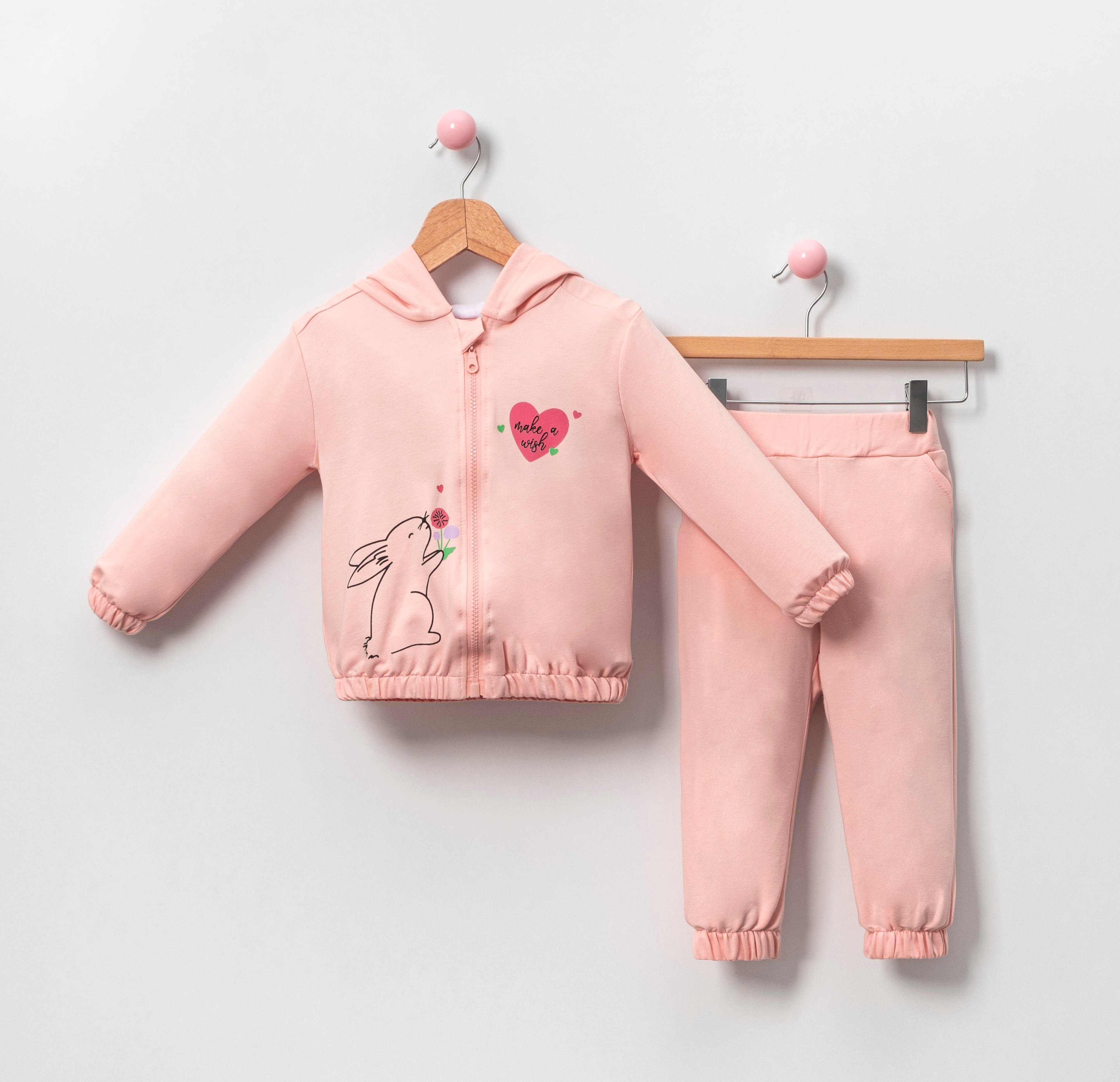 Pearly Tavşan Baskılı Kapüşonlu Fermuarlı Kız Çocuk İkili Takım