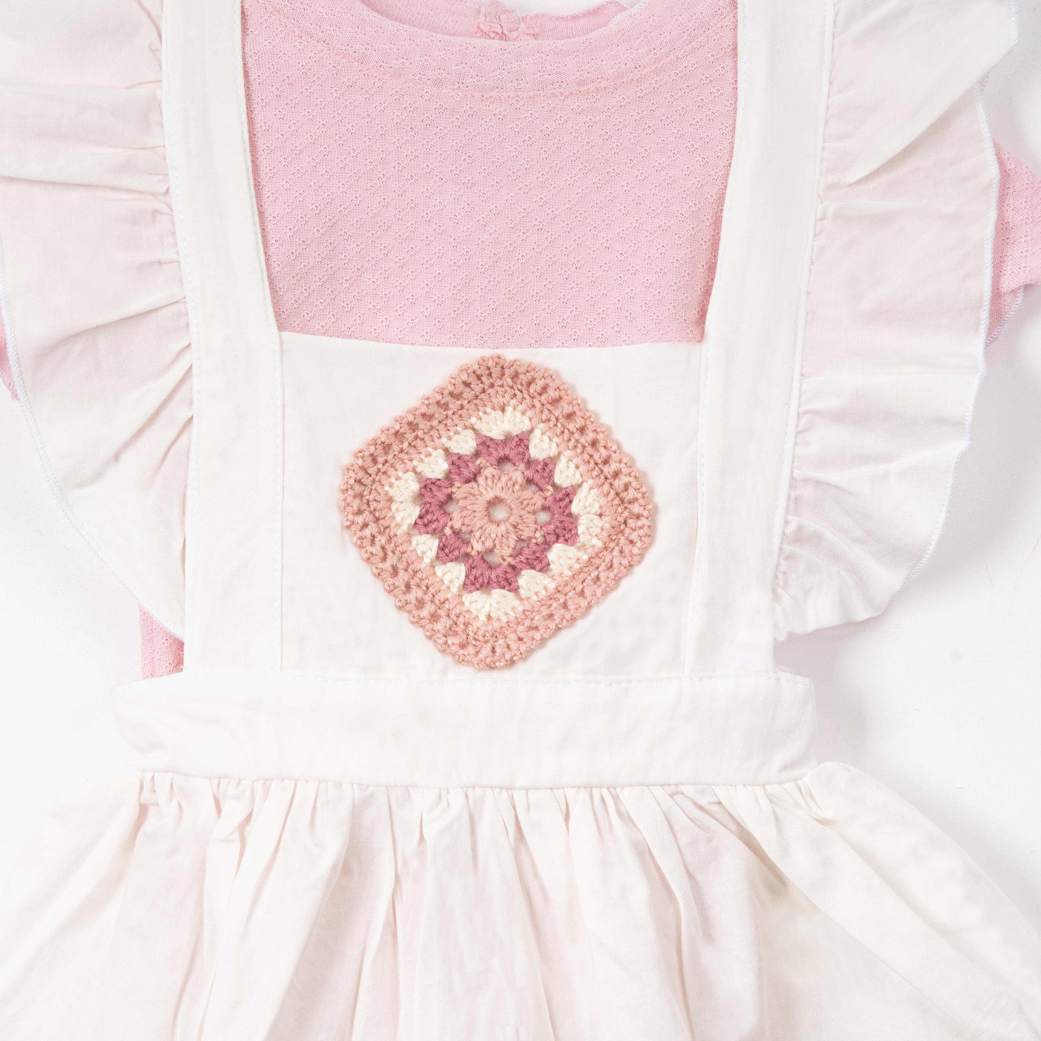 Tığ İşi Motifli Salopet Kız Bebek İkili Takım