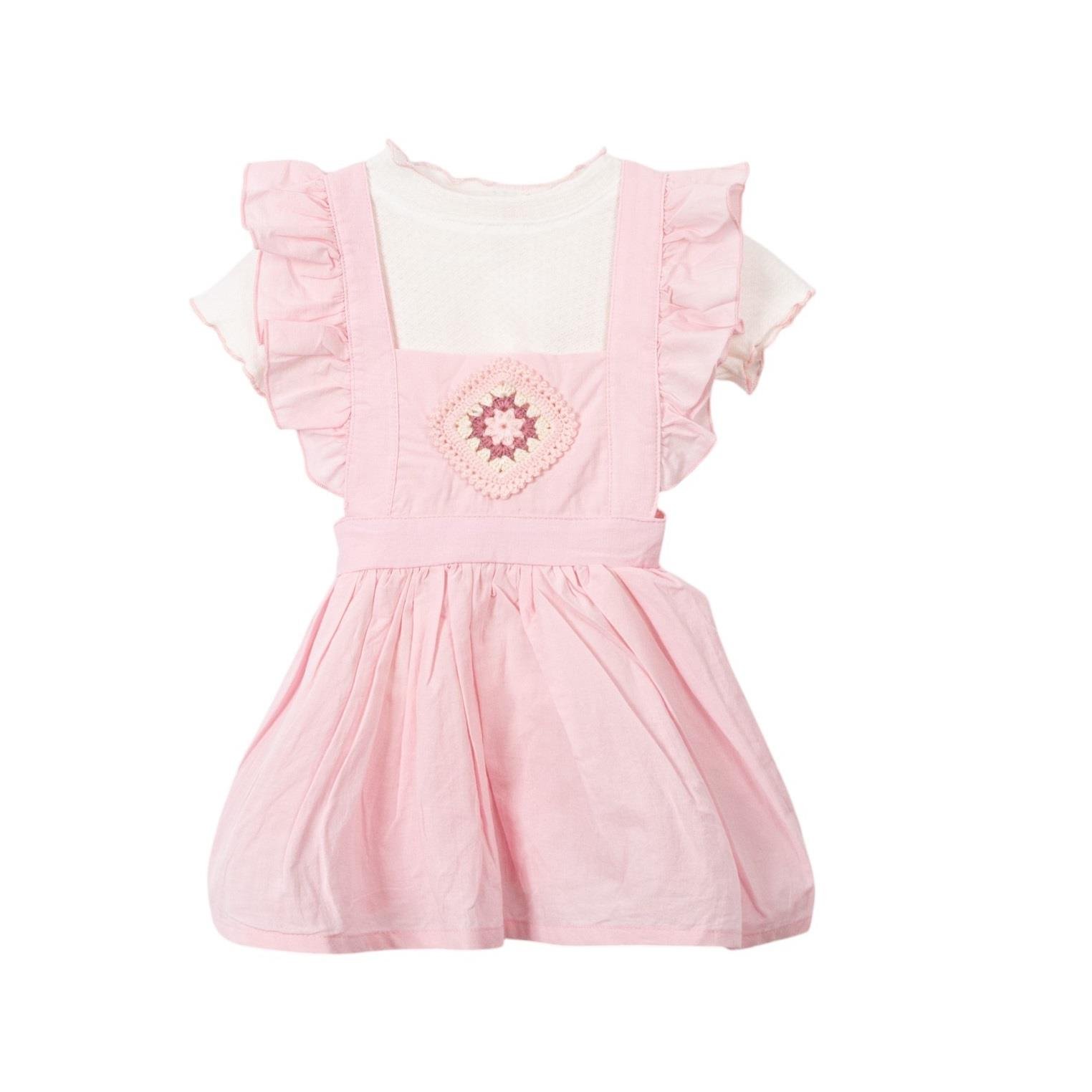 Tığ İşi Motifli Salopet Kız Bebek İkili Takım