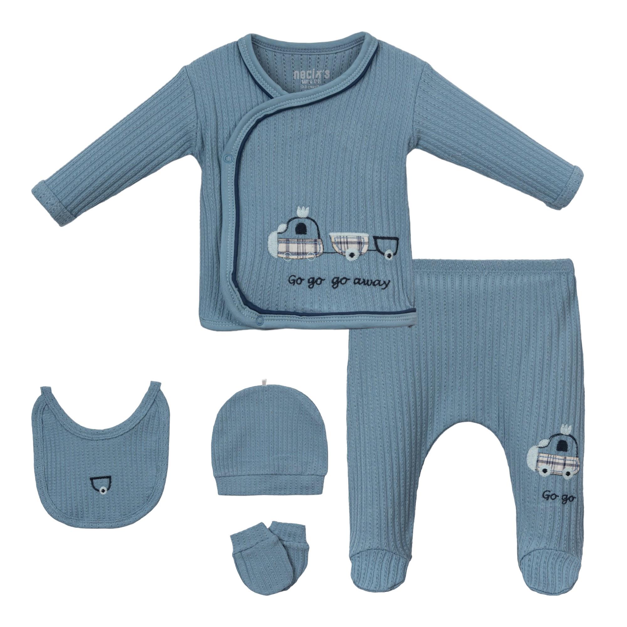 Tren Nakışlı Erkek Bebek Hastane Çıkışı Beşli Set