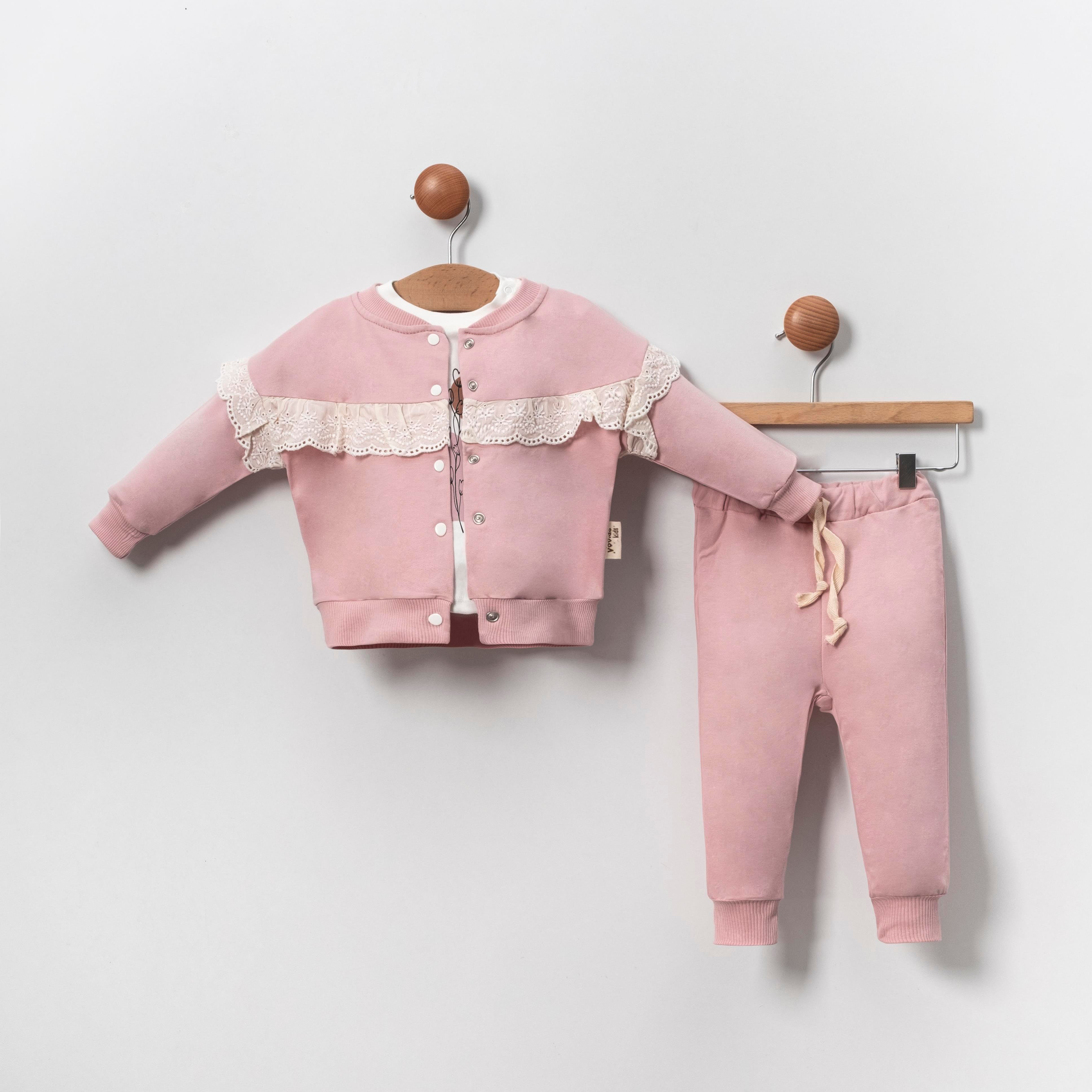 Vovido Brode Fırfırlı Oversize Kız Bebek Üçlü Takım