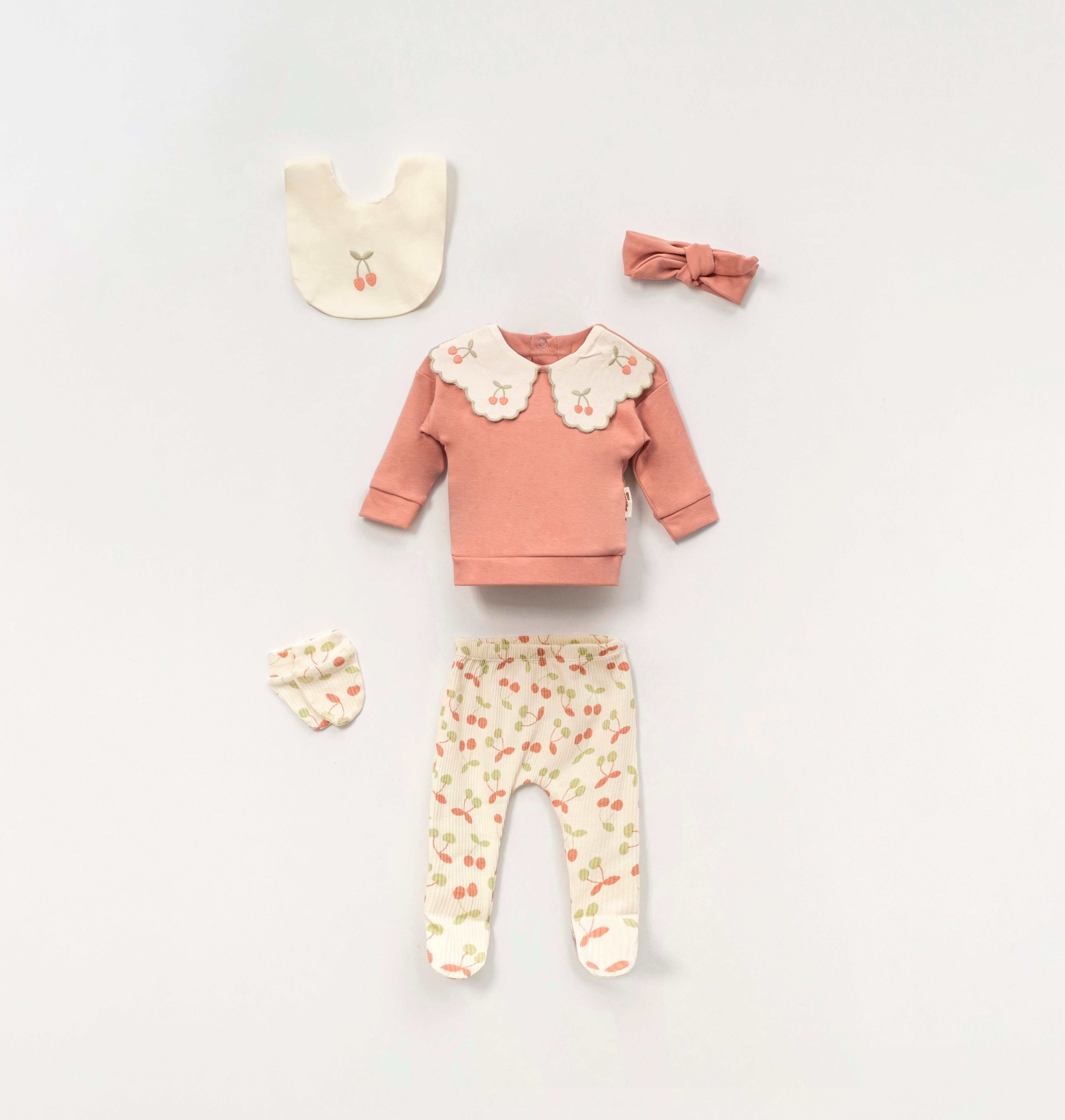 VOVİDO KIZ BEBEK KİRAZ YAKALI BASKILI 5 Lİ SET