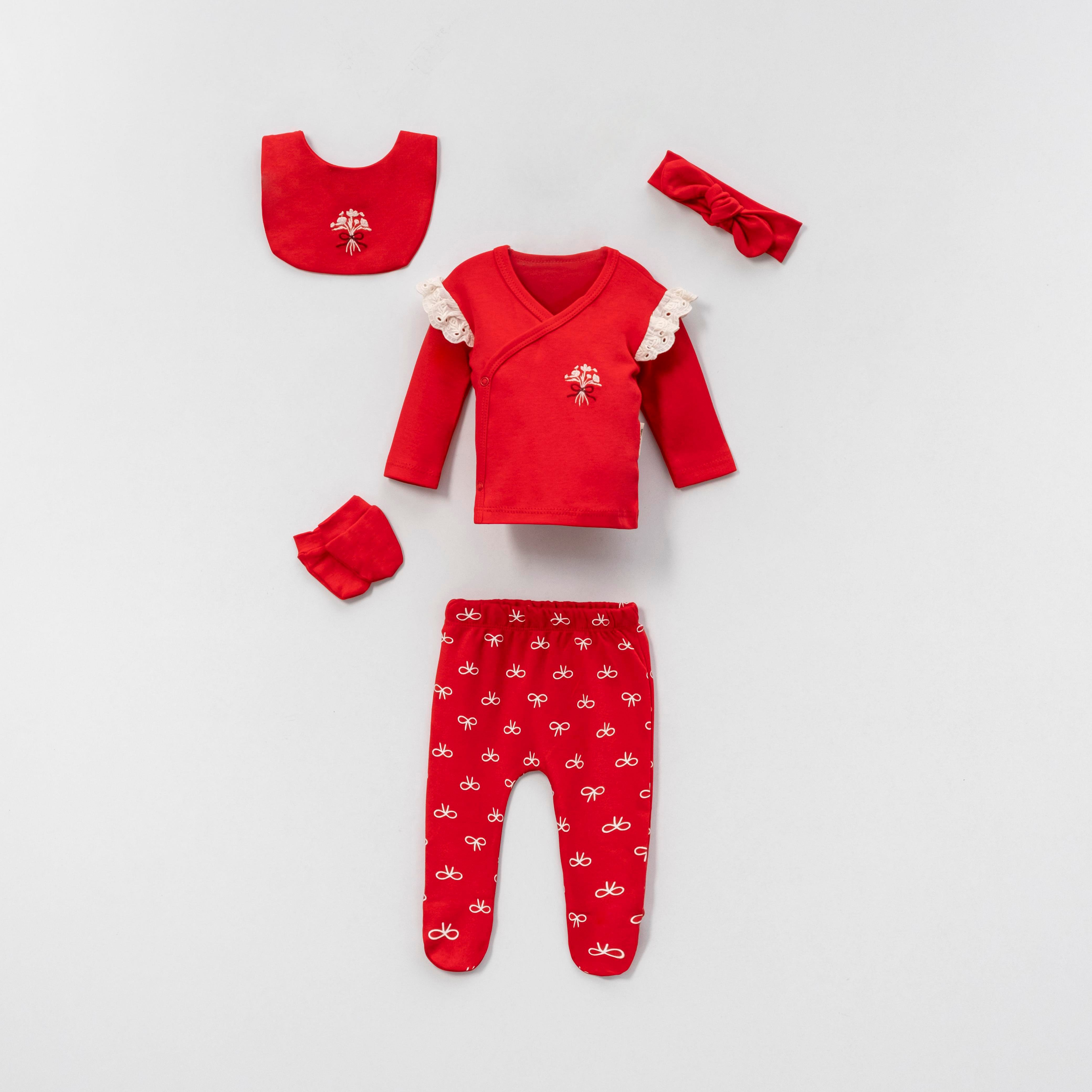 VOVİDO KIZ BEBEK KURDELA NAKIŞLI  BASKILI 5 Lİ SET