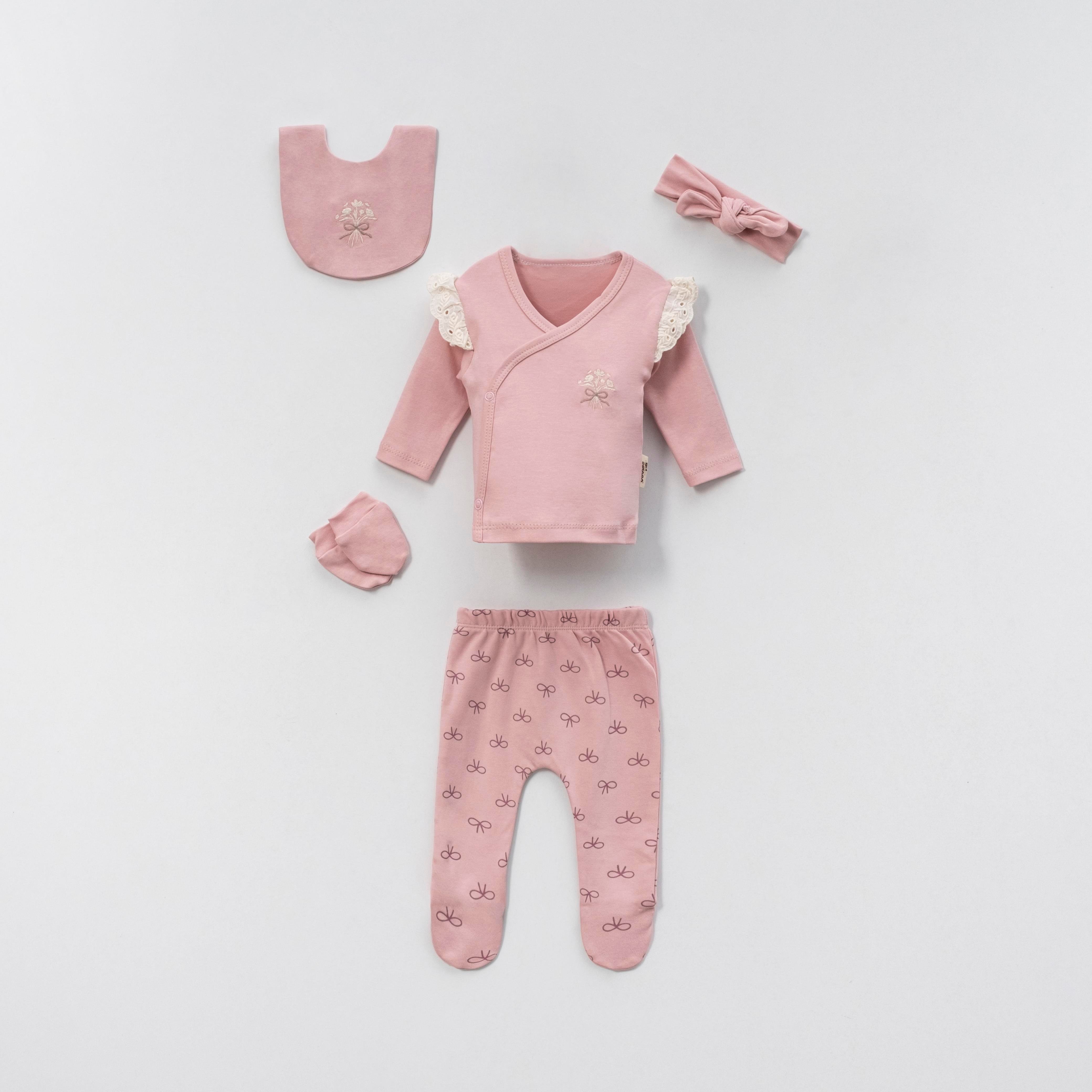 VOVİDO KIZ BEBEK KURDELA NAKIŞLI  BASKILI 5 Lİ SET