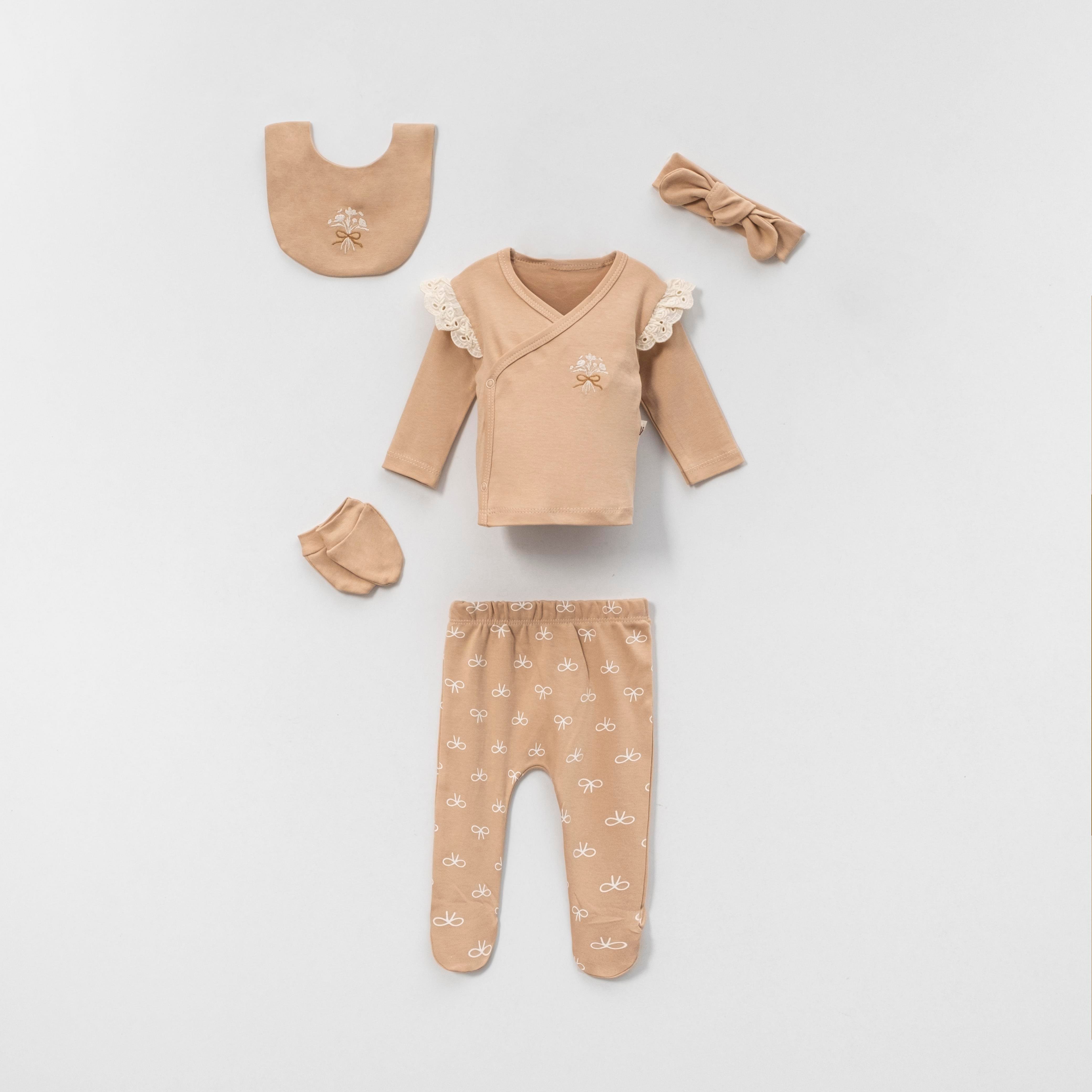 VOVİDO KIZ BEBEK KURDELA NAKIŞLI  BASKILI 5 Lİ SET