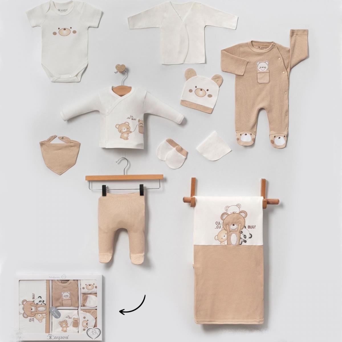 Waffle Ayıcık Nakışlı Erkek Bebek Onlu Hastane Çıkış Seti