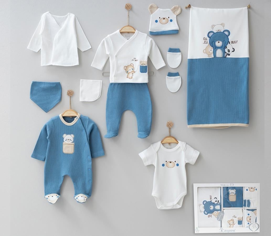 Waffle Ayıcık Nakışlı Erkek Bebek Onlu Hastane Çıkış Seti