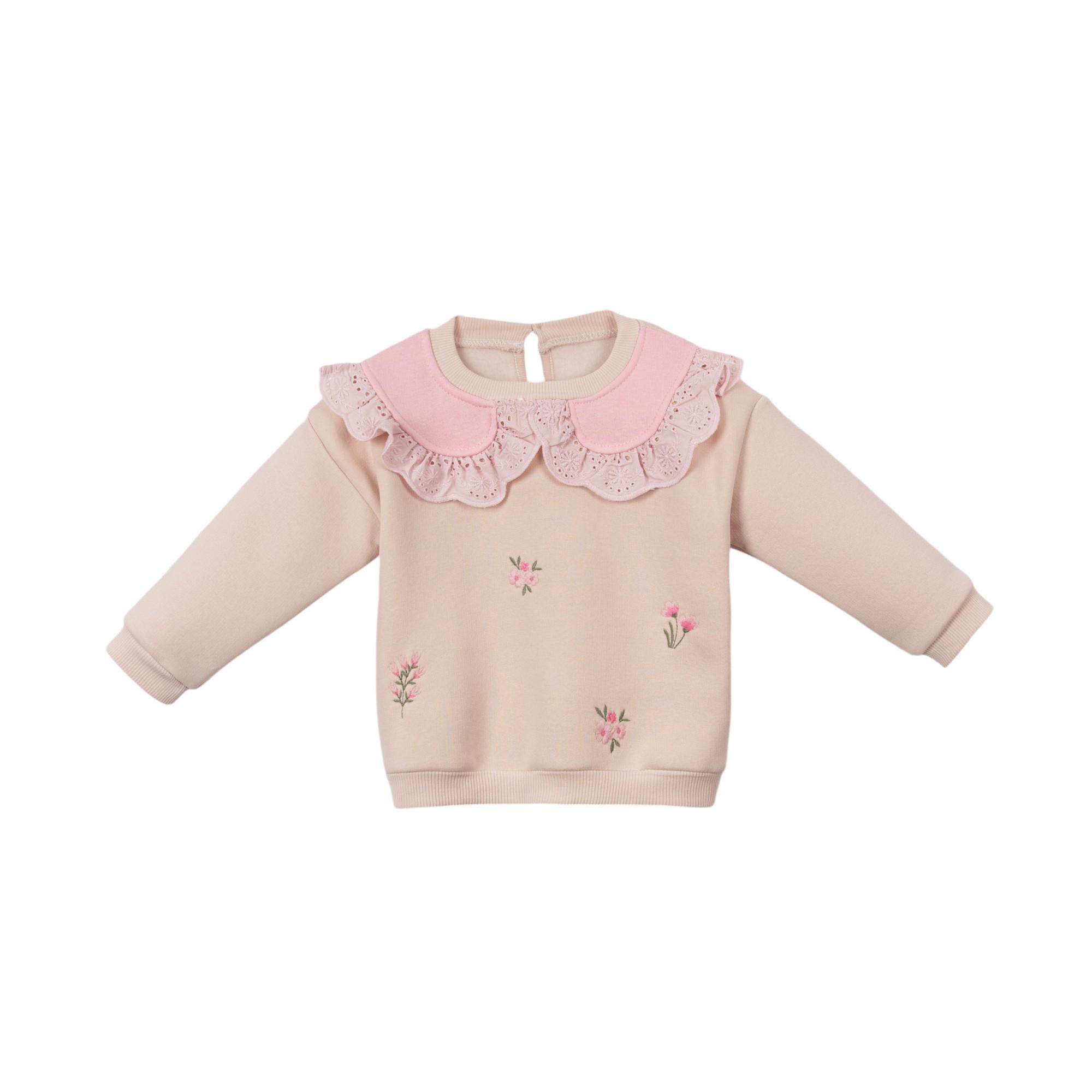 Yakalı Çiçek Nakışlı Kız Bebek İkili Takım