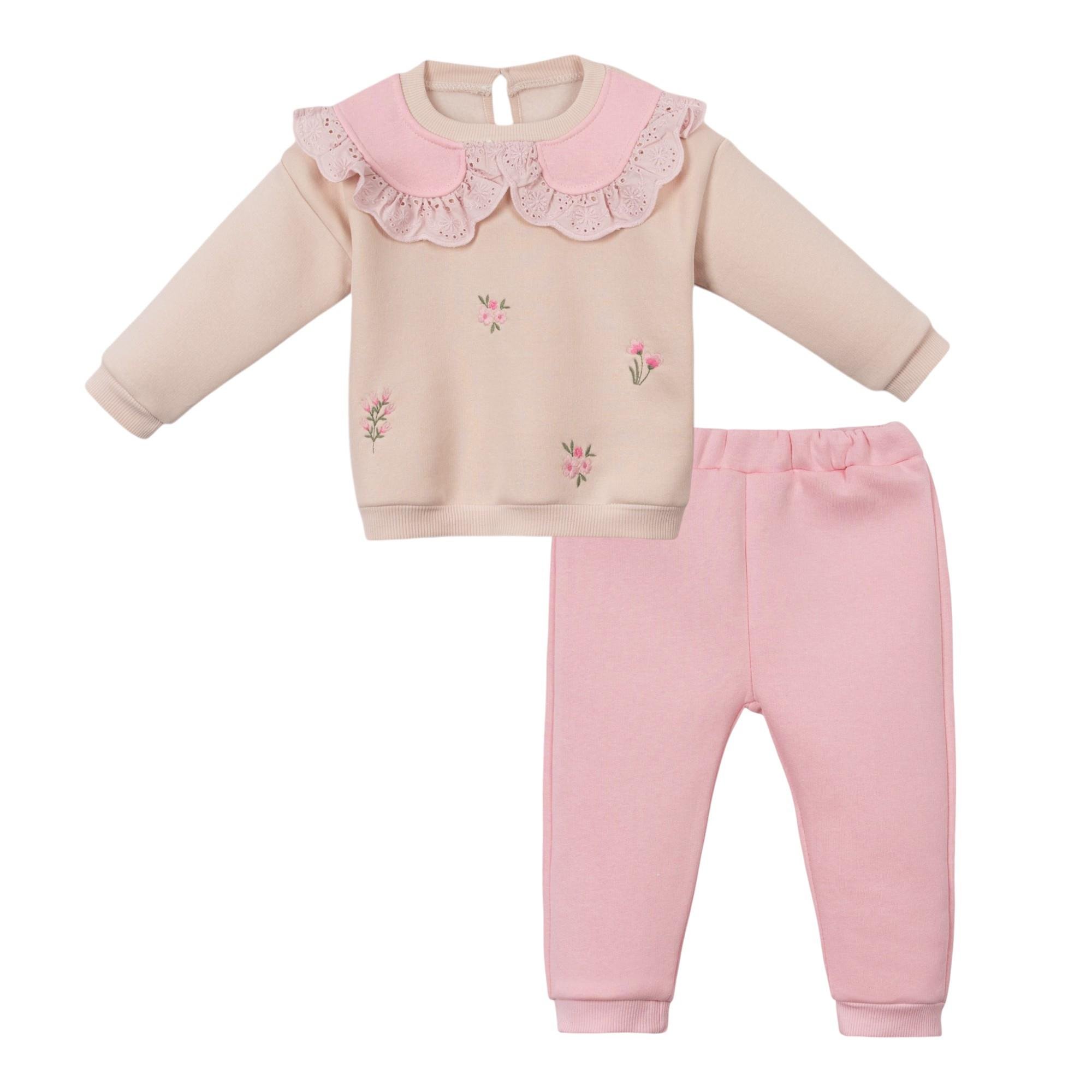 Yakalı Çiçek Nakışlı Kız Bebek İkili Takım