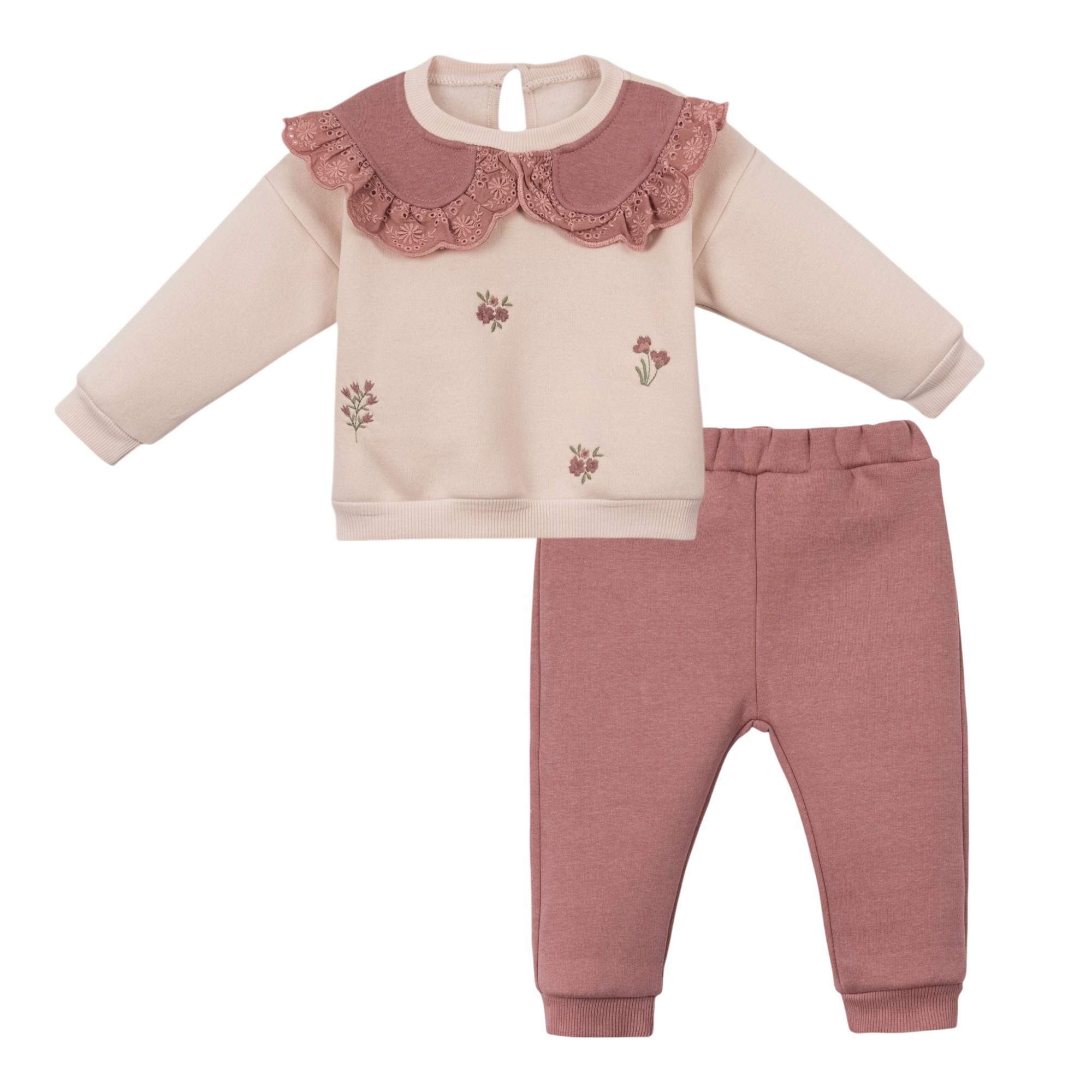 Yakalı Çiçek Nakışlı Kız Bebek İkili Takım