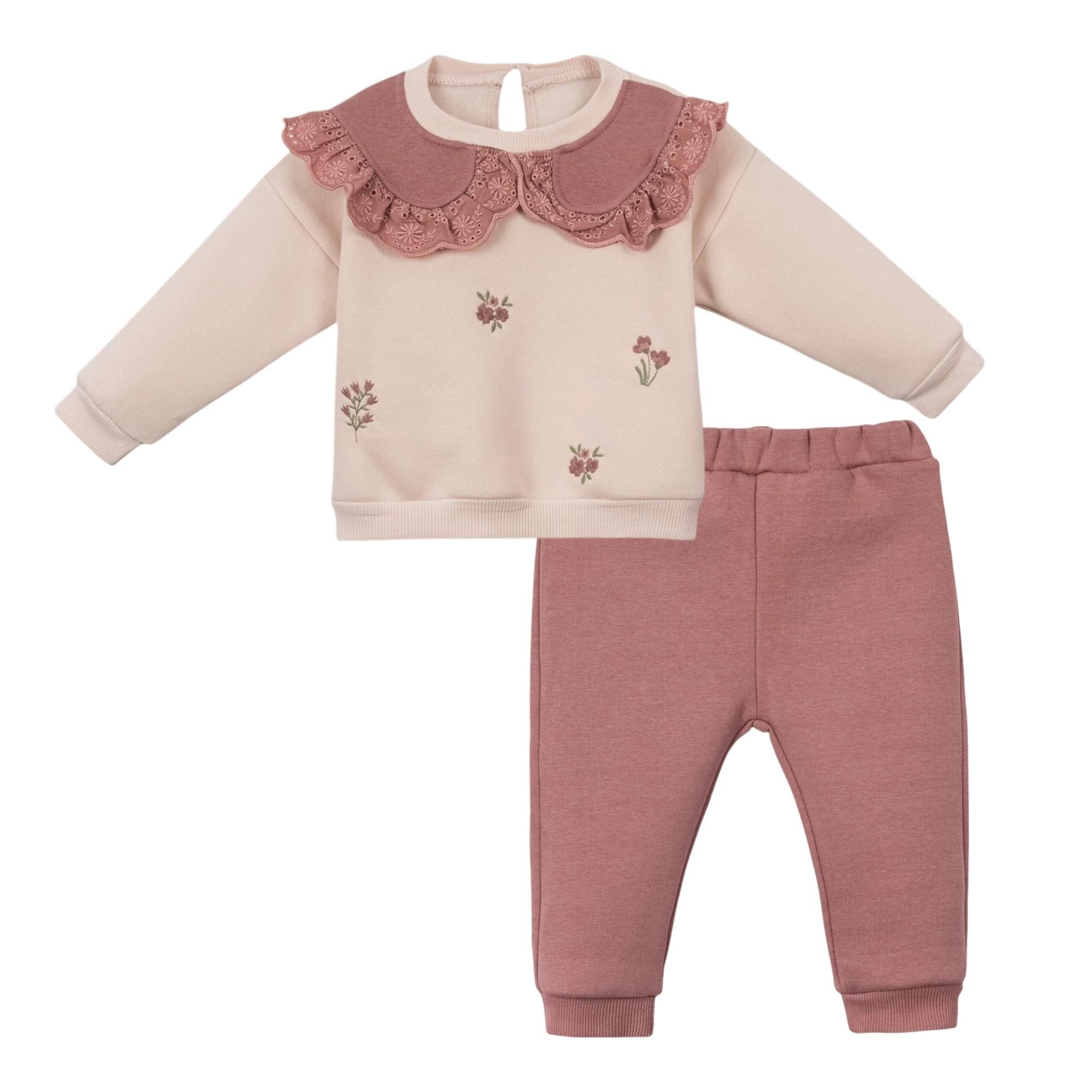 Yakalı Çiçek Nakışlı Kız Bebek İkili Takım