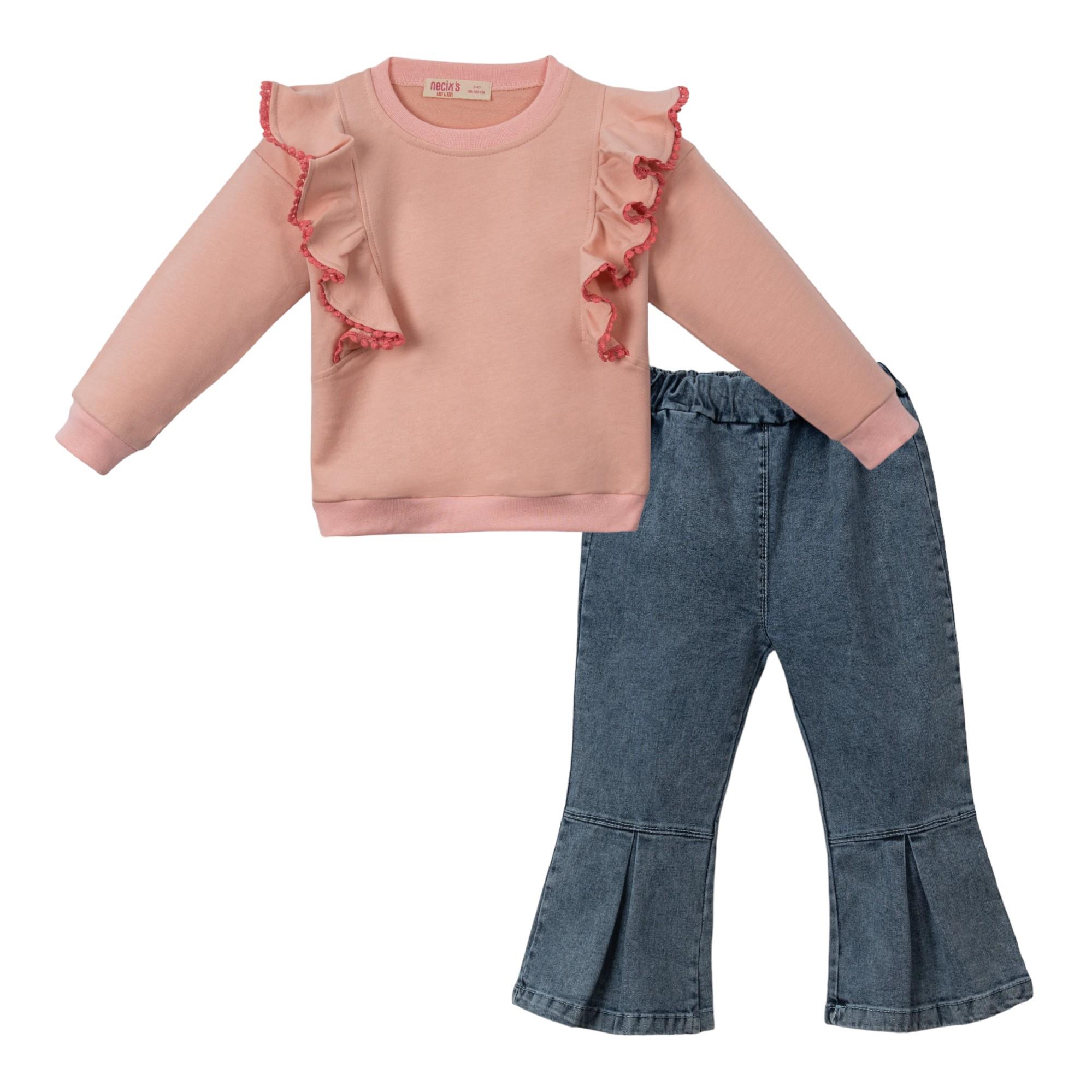 Zeyna Fırfırlı Kot Pantalonlu Kız Çocuk İkili Takım