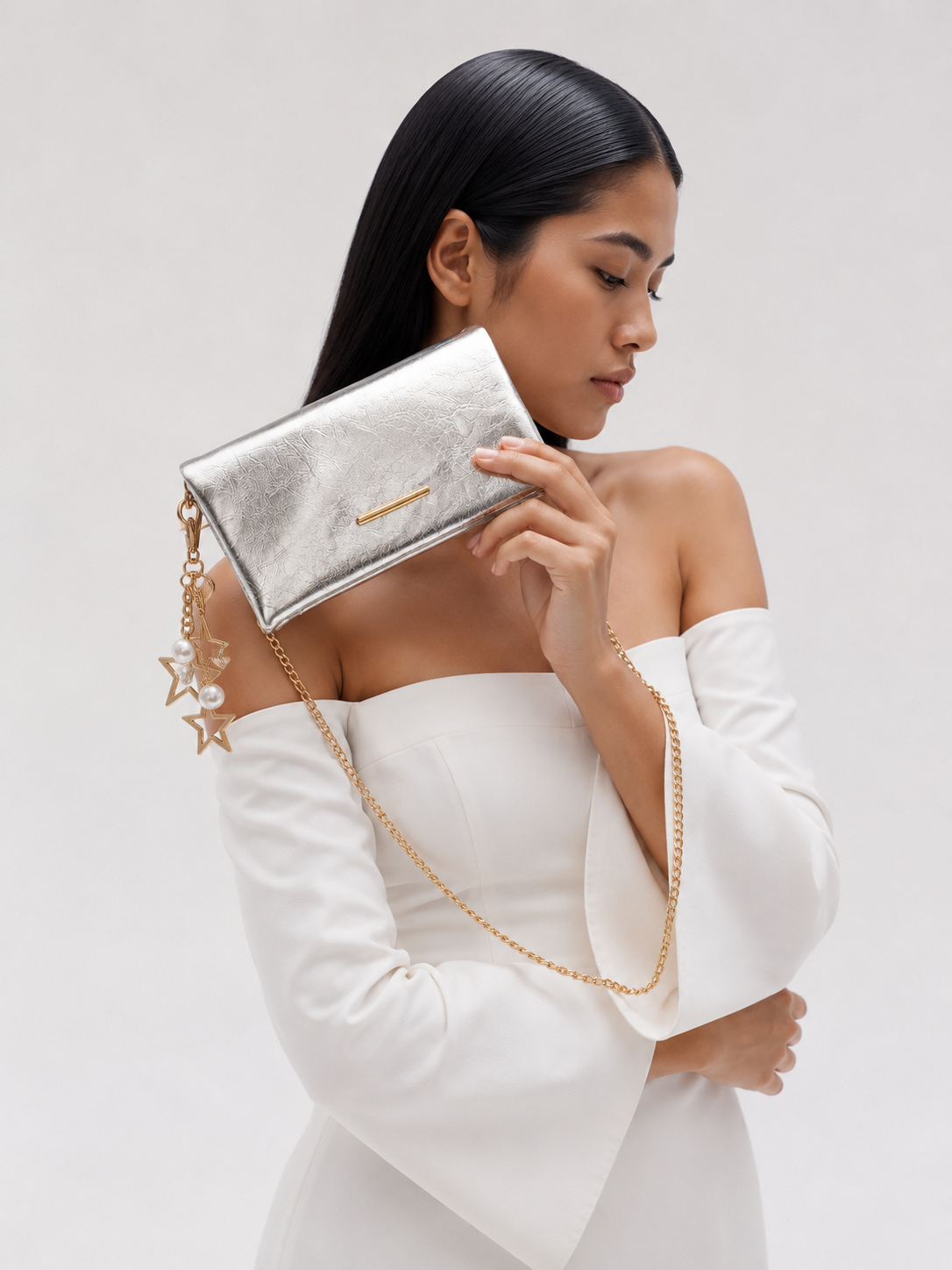 Canggu Model Clutch Çanta , Portföy Çanta , El Çantası Gümüş