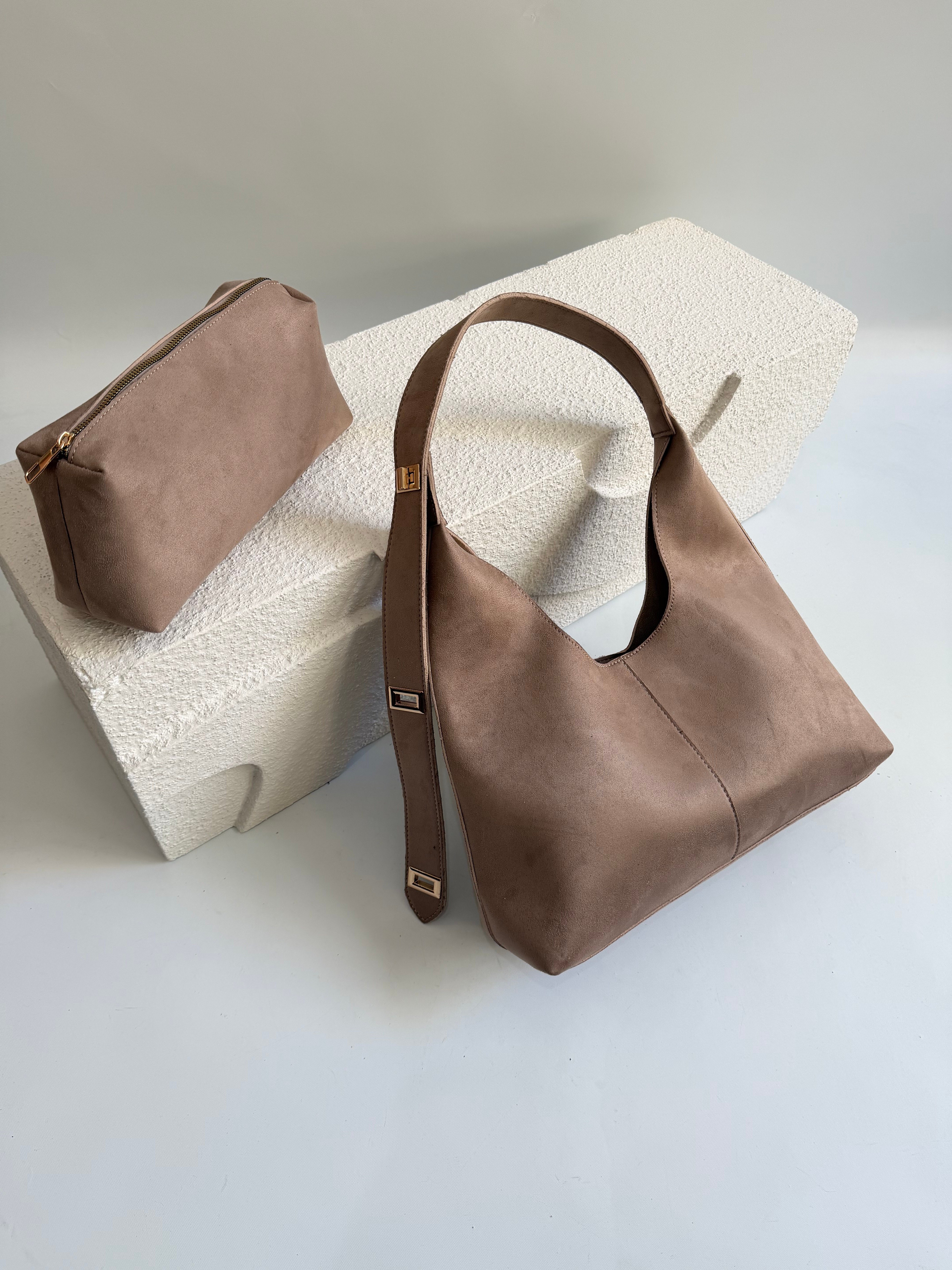 Gift Model El Ve Kadın Omuz Çantası Süet Çanta Yavru Hediyeli Vizon
