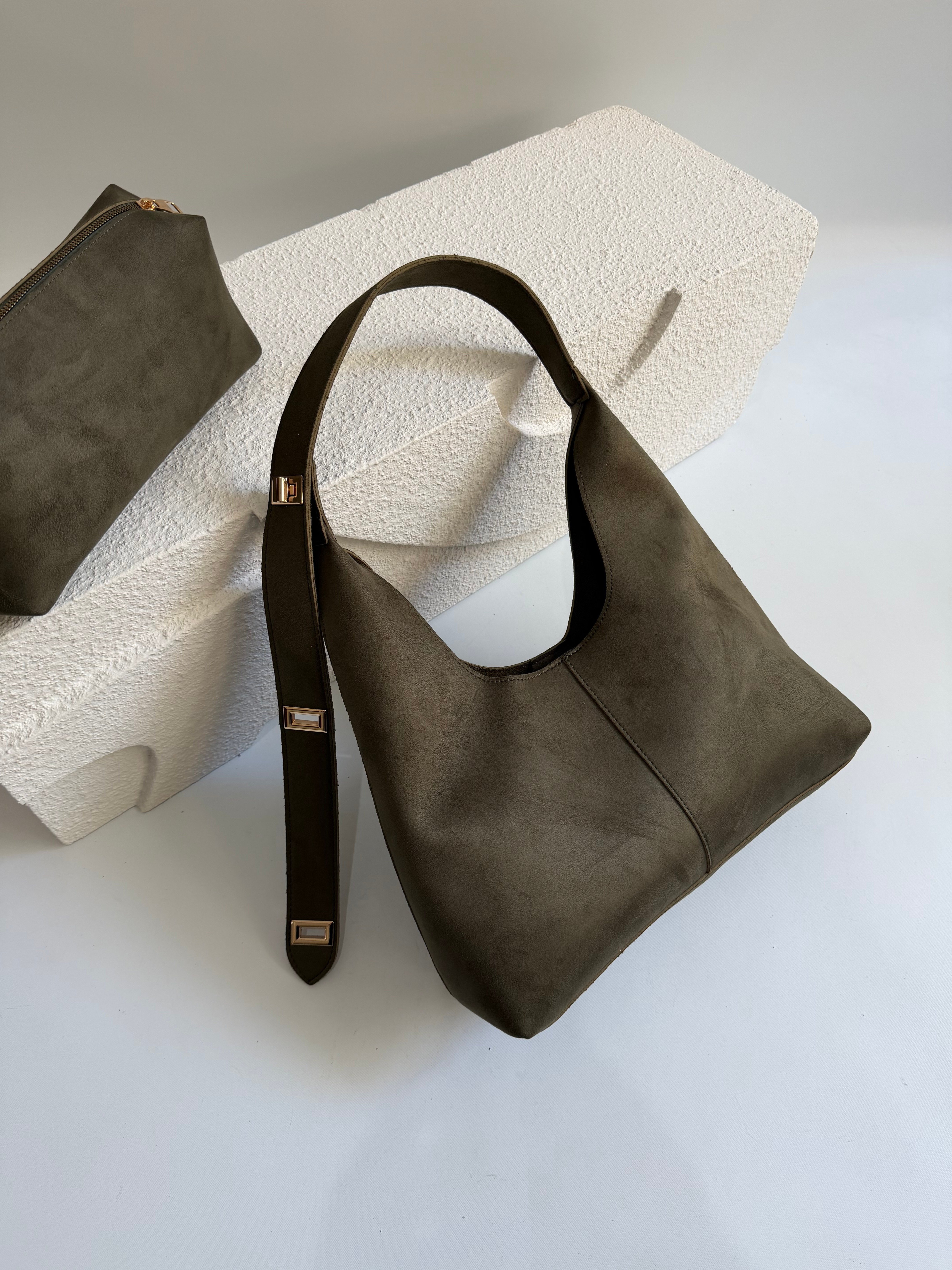 Gift Model El Ve Kadın Omuz Çantası Süet Çanta Yavru Hediyeli Haki