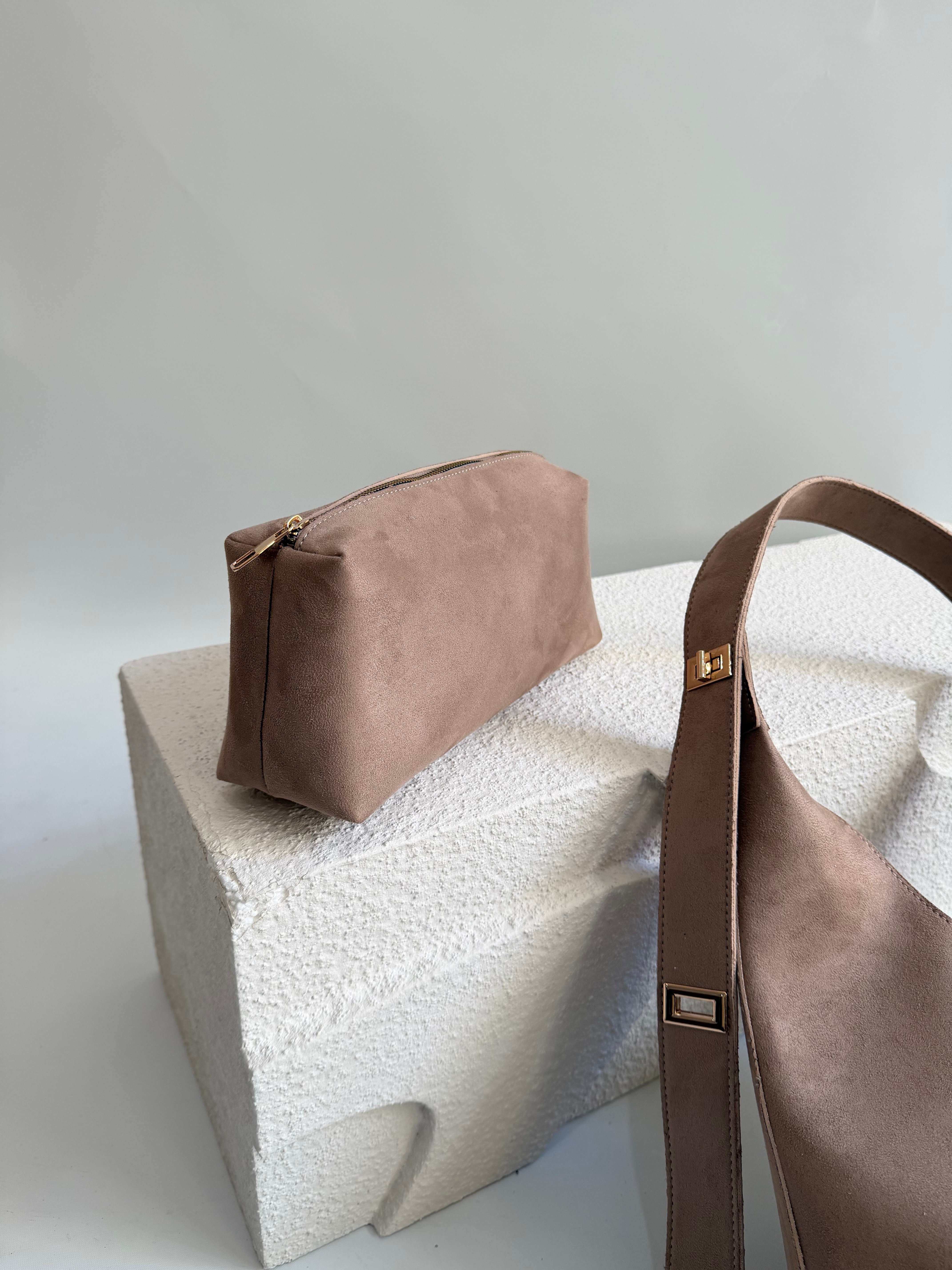 Gift Model El Ve Kadın Omuz Çantası Süet Çanta Yavru Hediyeli Vizon