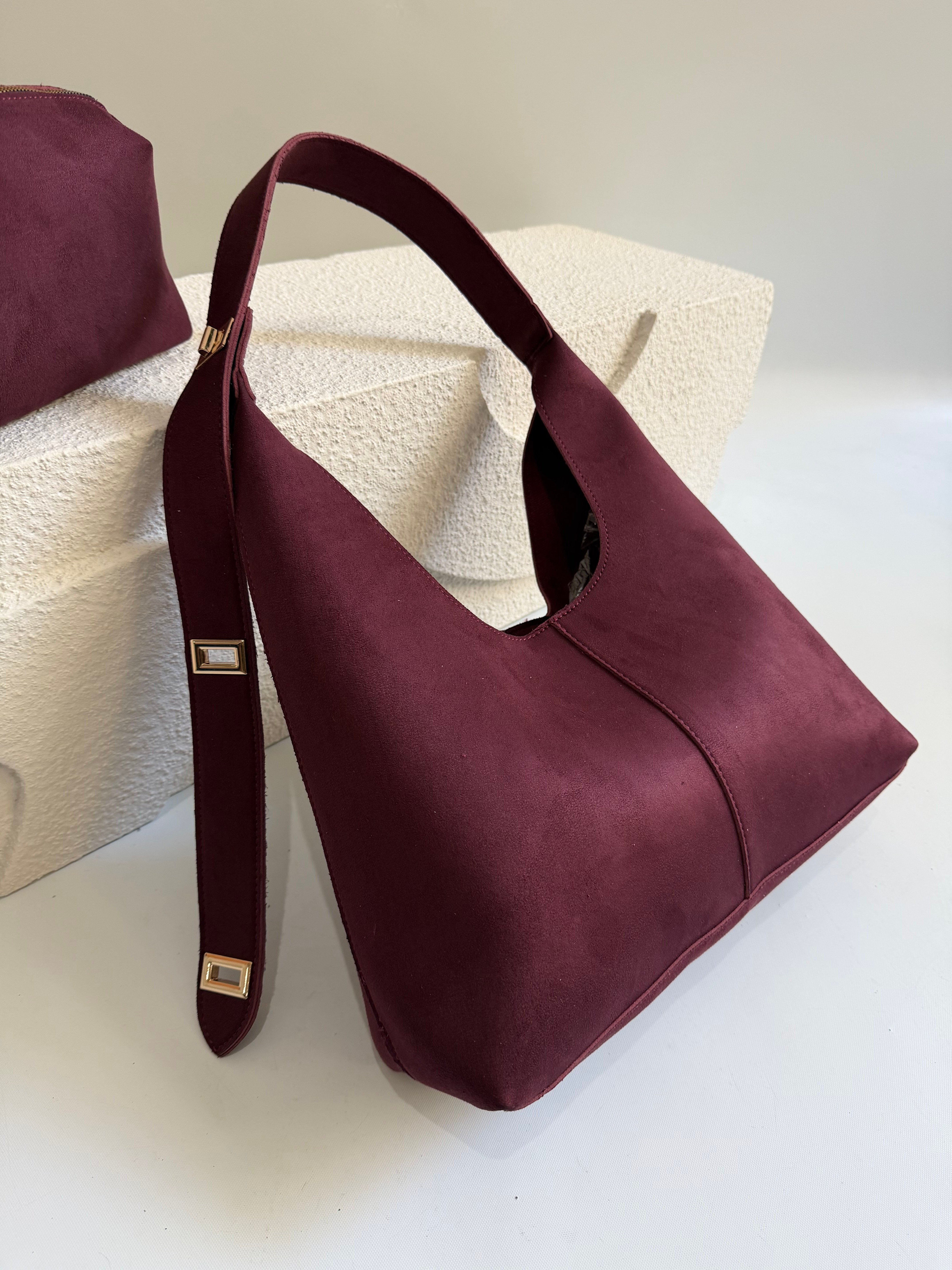 Gift Model El Ve Kadın Omuz Çantası Süet Çanta Yavru Hediyeli Bordo