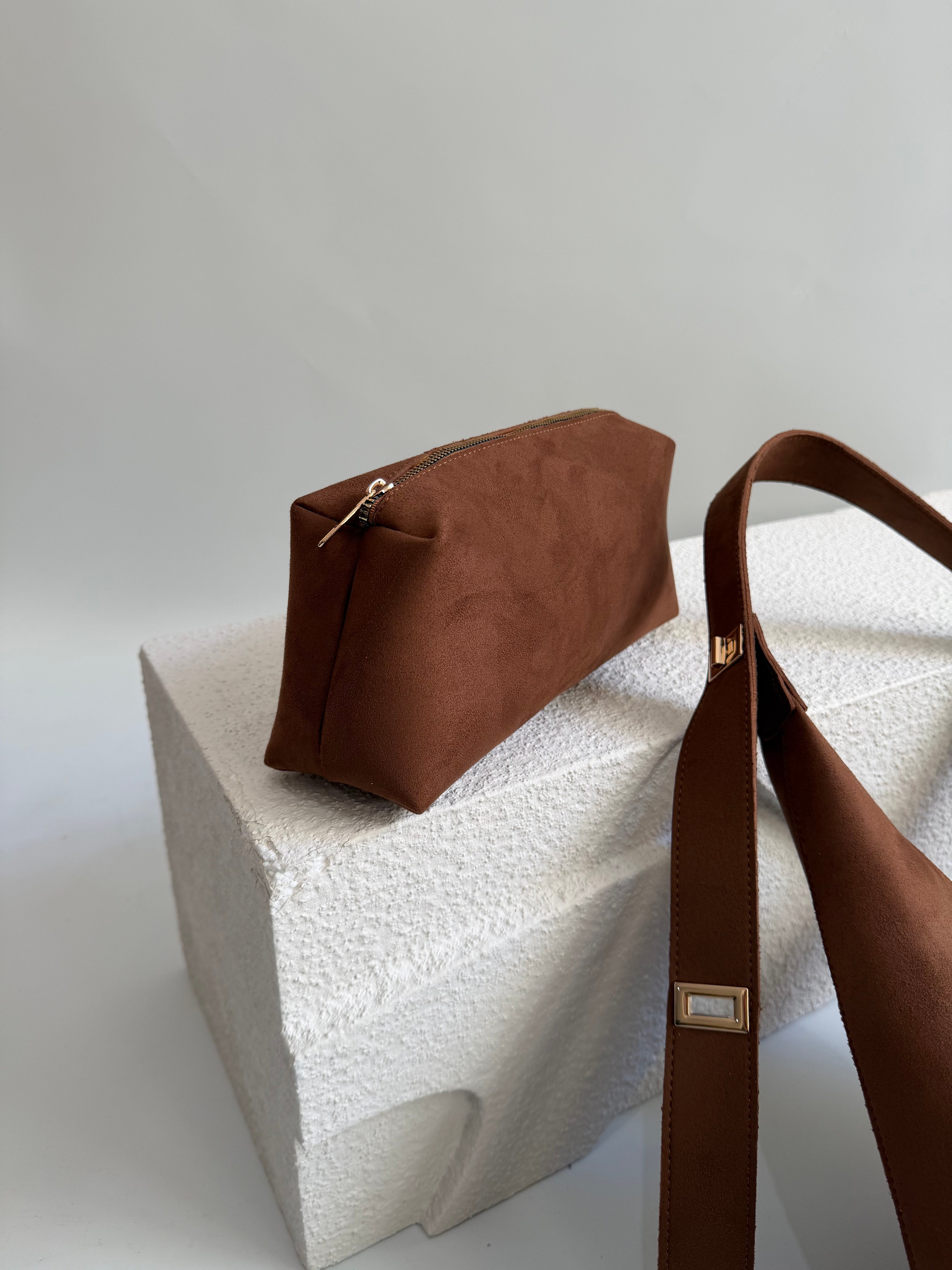 Gift Model El Ve Kadın Omuz Çantası Süet Çanta Yavru Hediyeli Taba