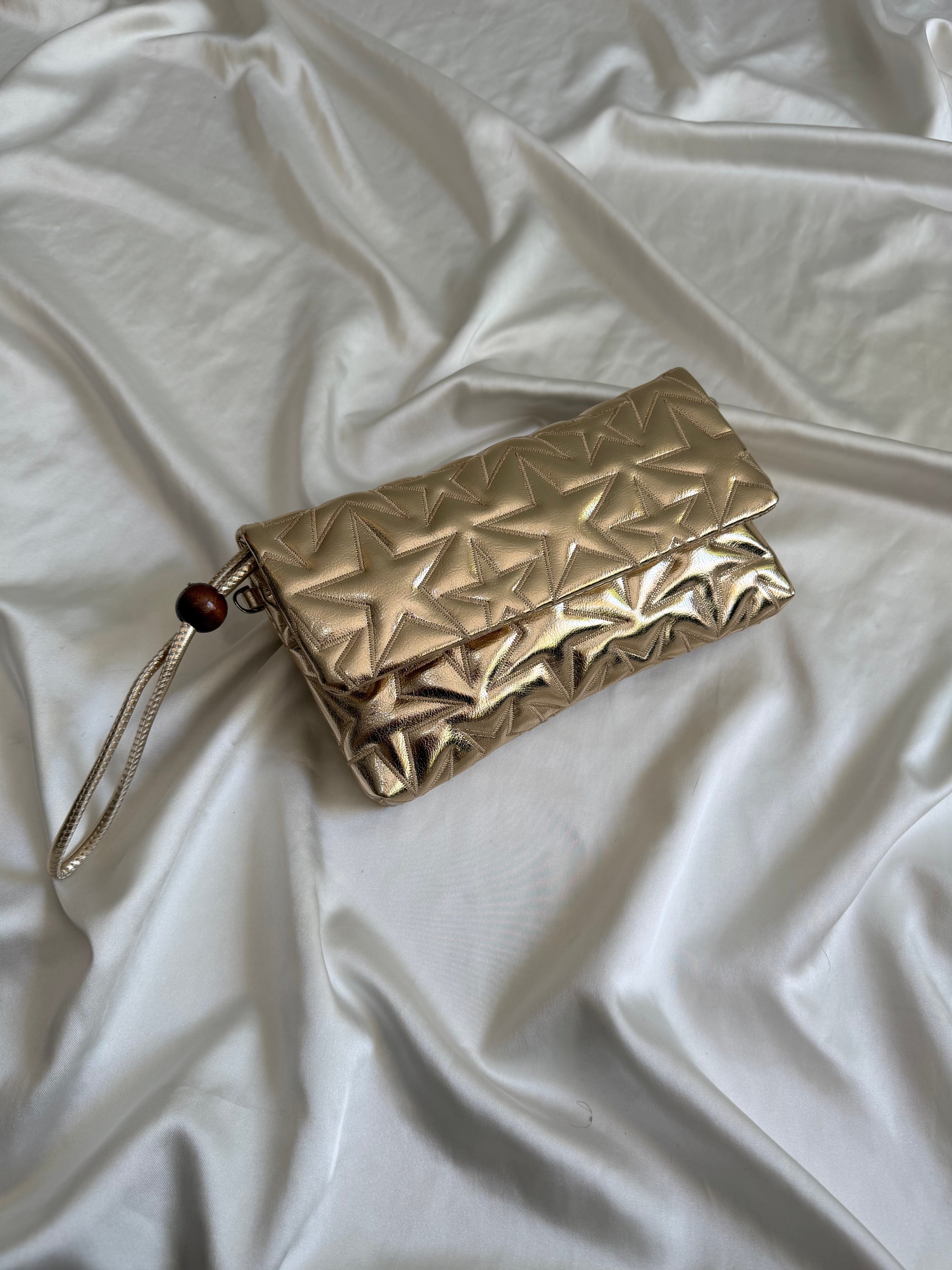 Star Kapaklı Model Clutch Çanta , Portföy Çanta , El Çantası  Gold