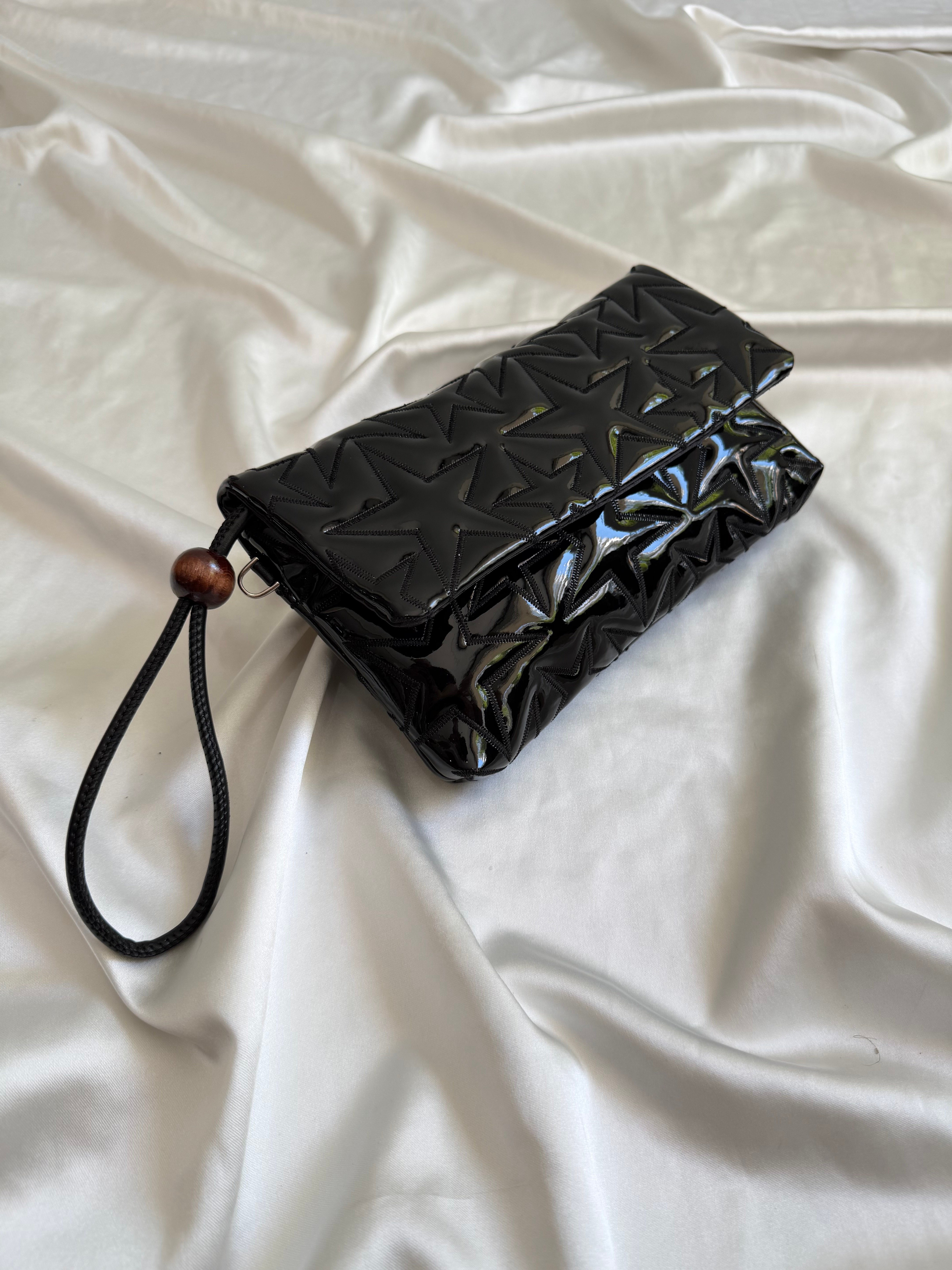 Star Kapaklı Model Clutch Çanta , Portföy Çanta , El Çantası  Rugan Siyah