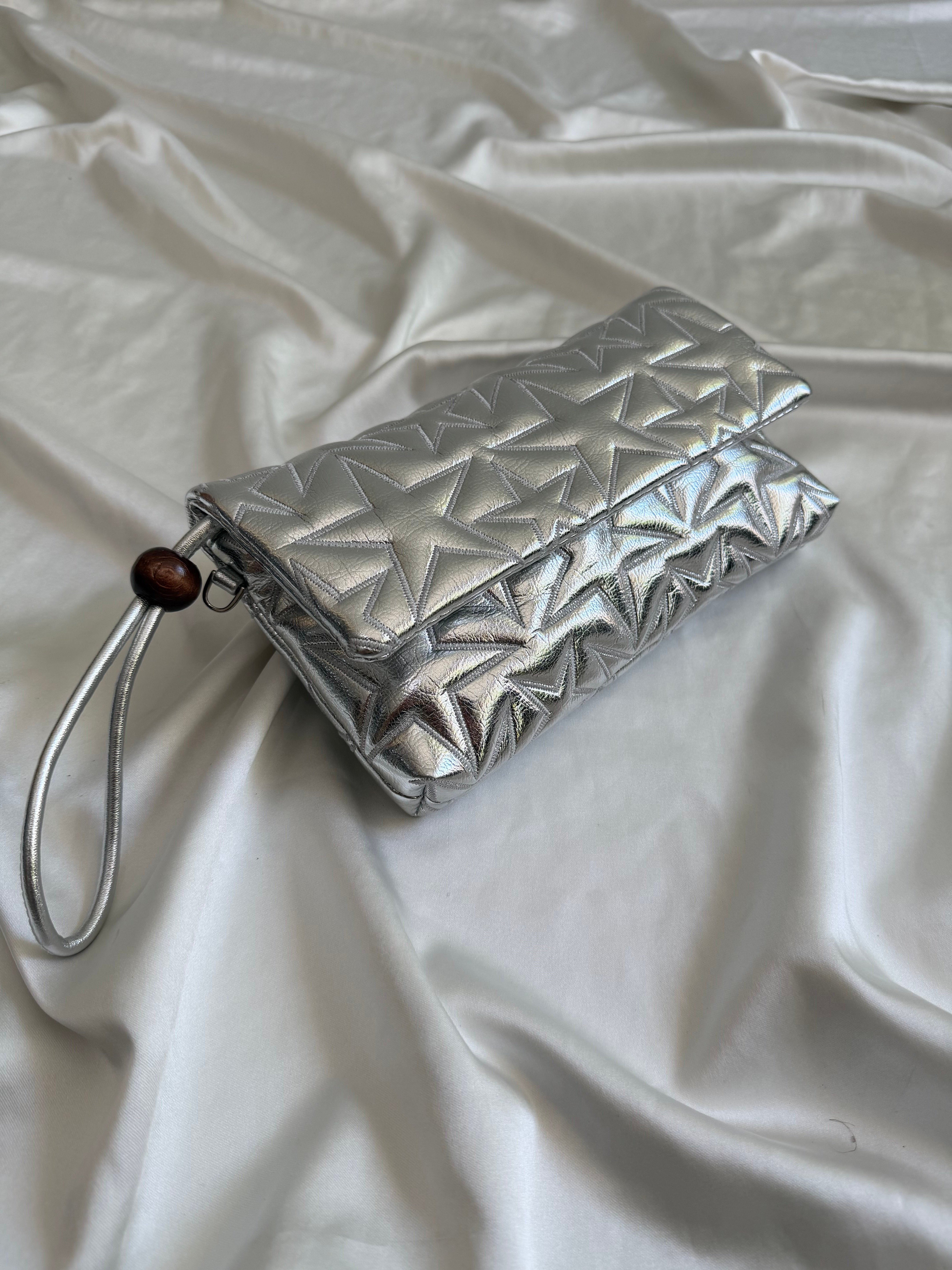 Star Kapaklı Model Clutch Çanta , Portföy Çanta , El Çantası  Gümüş