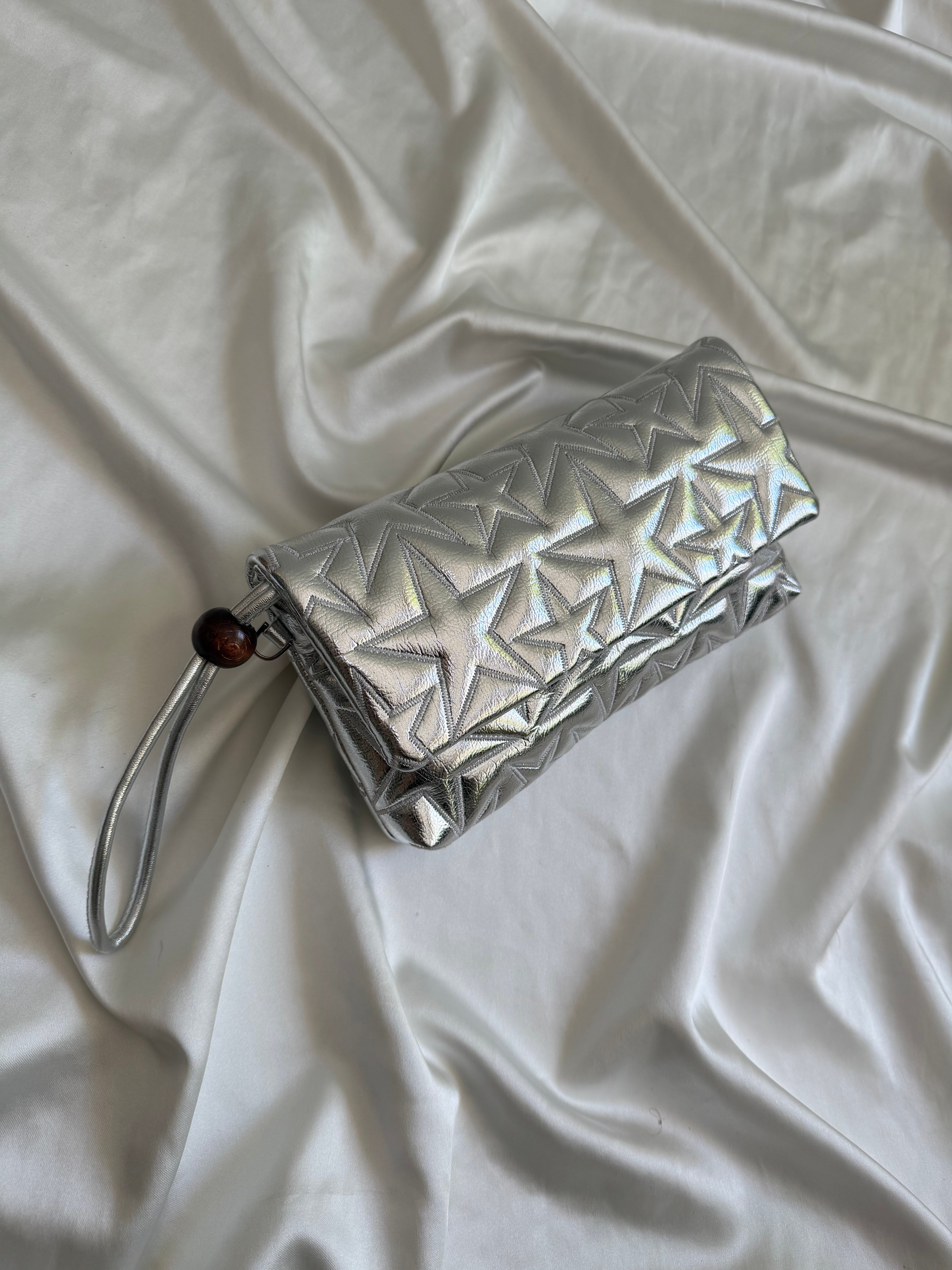 Star Kapaklı Model Clutch Çanta , Portföy Çanta , El Çantası  Gümüş