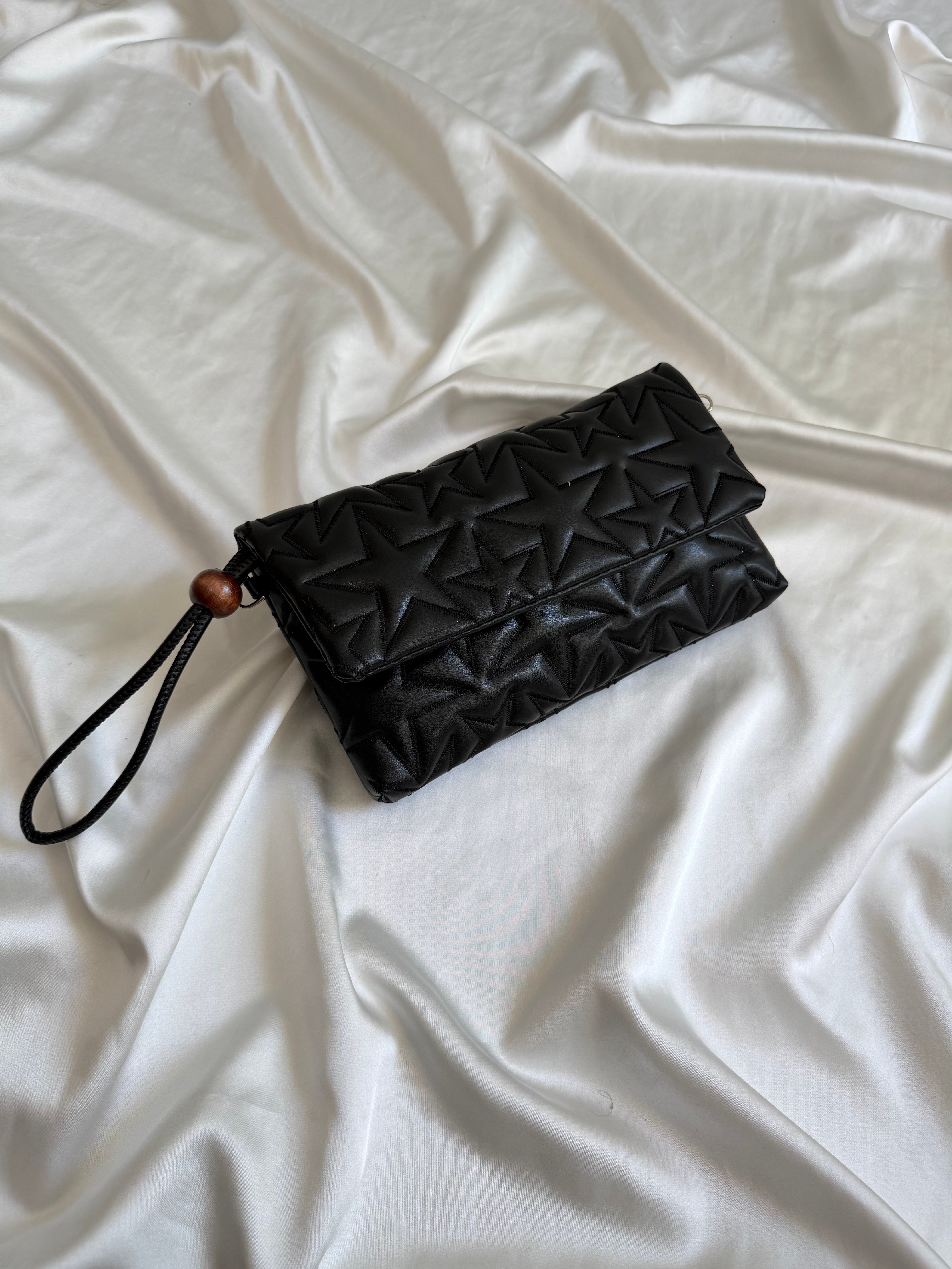 Star Kapaklı Model Clutch Çanta , Portföy Çanta , El Çantası  Siyah