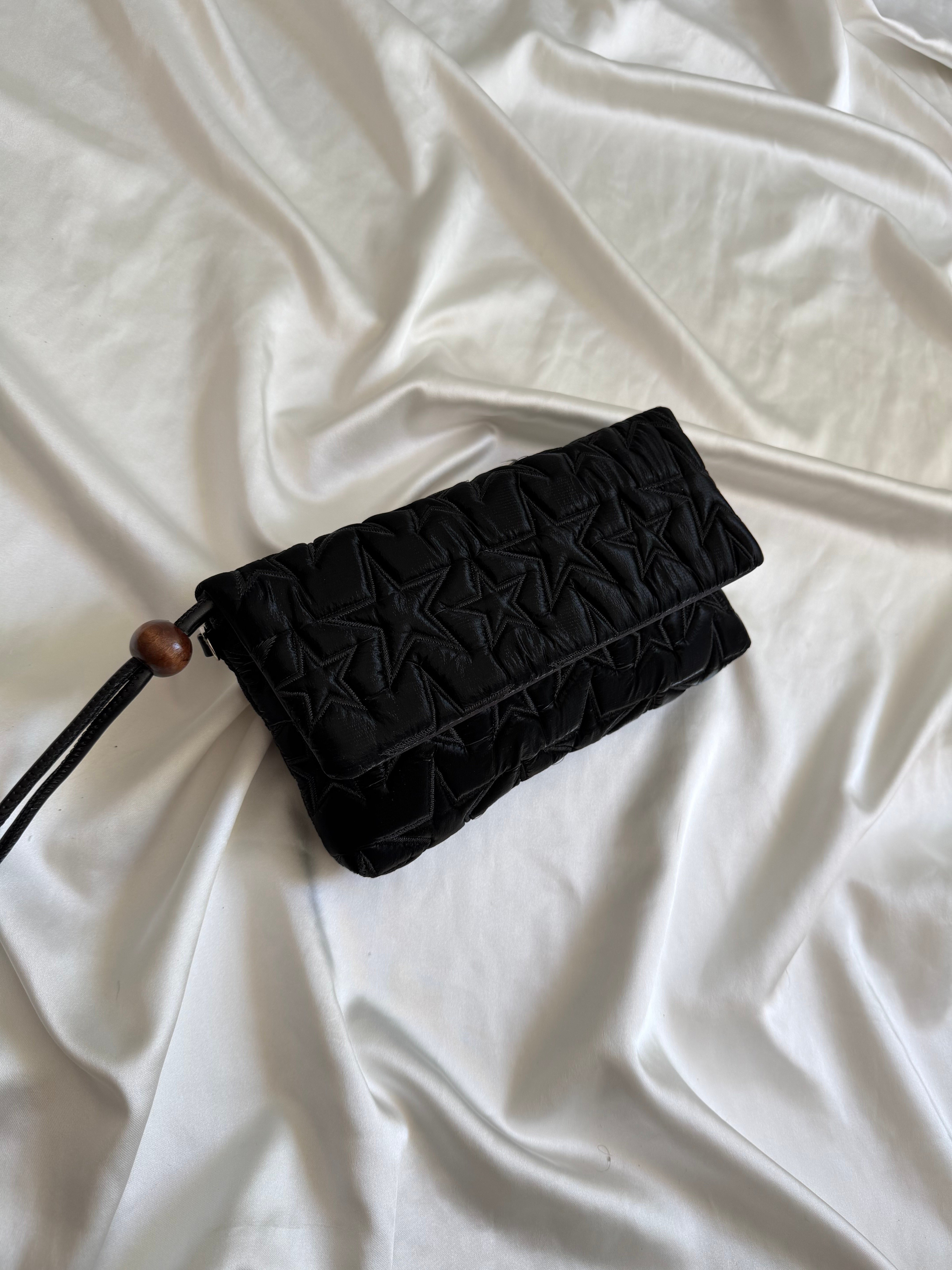 Star Kapaklı Model Clutch Çanta , Portföy Çanta , El Çantası  Kumaş Siyah