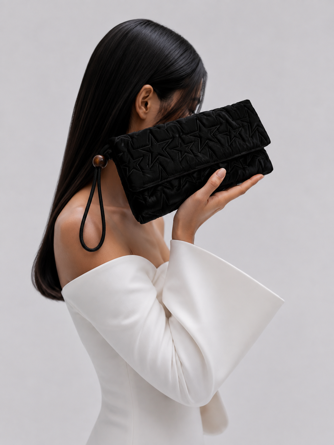 Star Kapaklı Model Clutch Çanta , Portföy Çanta , El Çantası  Kumaş Siyah