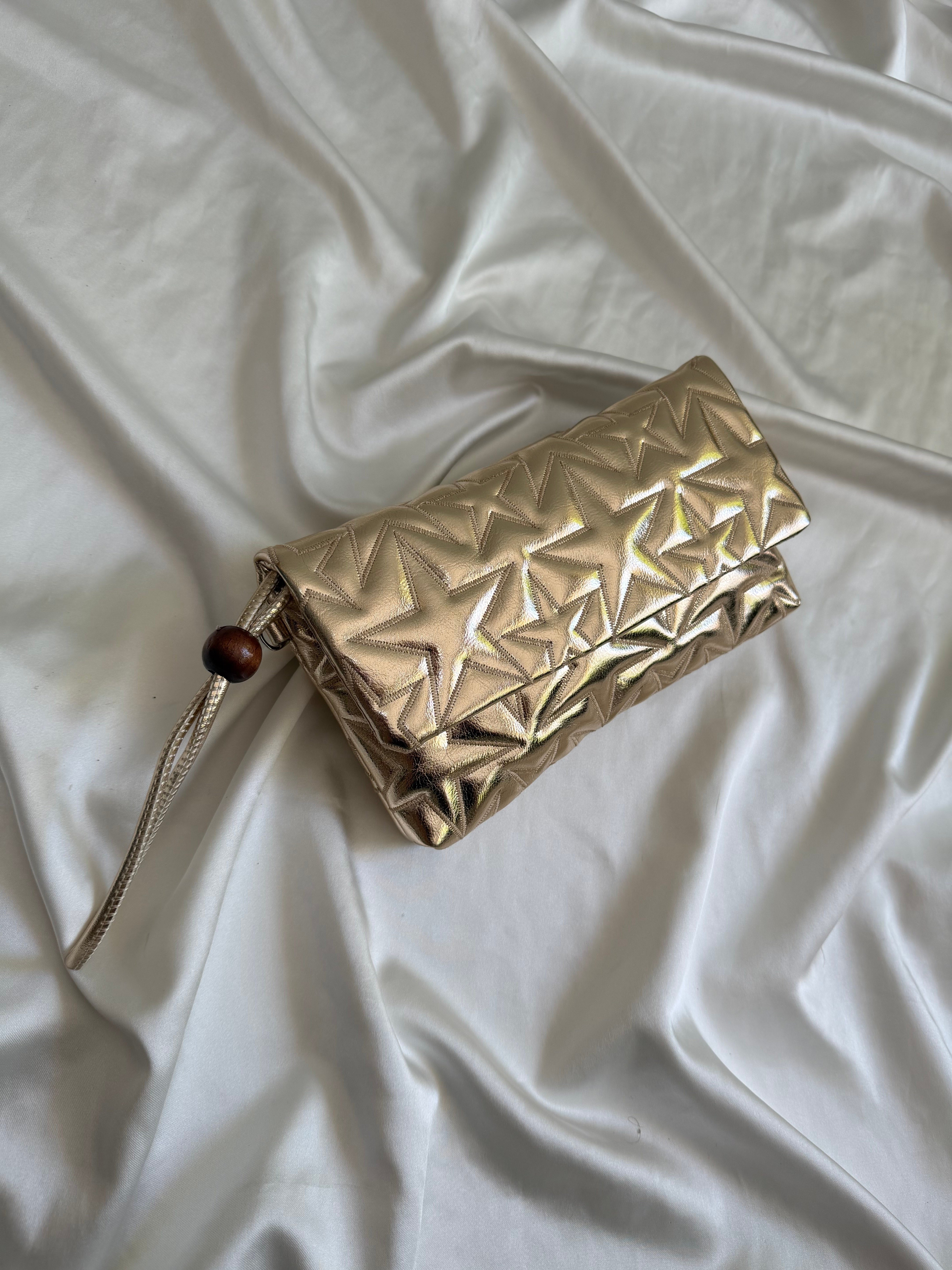 Star Kapaklı Model Clutch Çanta , Portföy Çanta , El Çantası  Gold