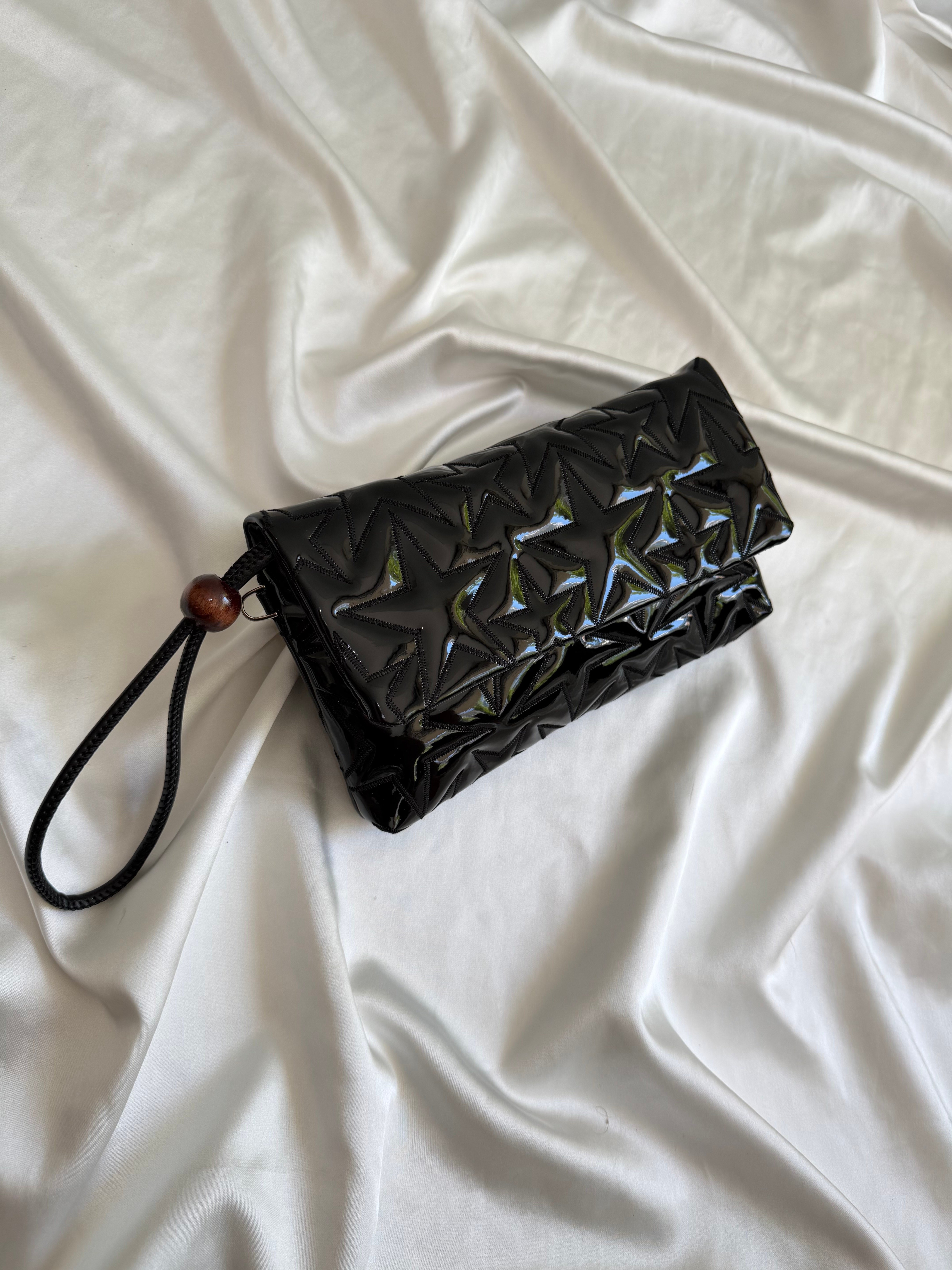 Star Kapaklı Model Clutch Çanta , Portföy Çanta , El Çantası  Rugan Siyah